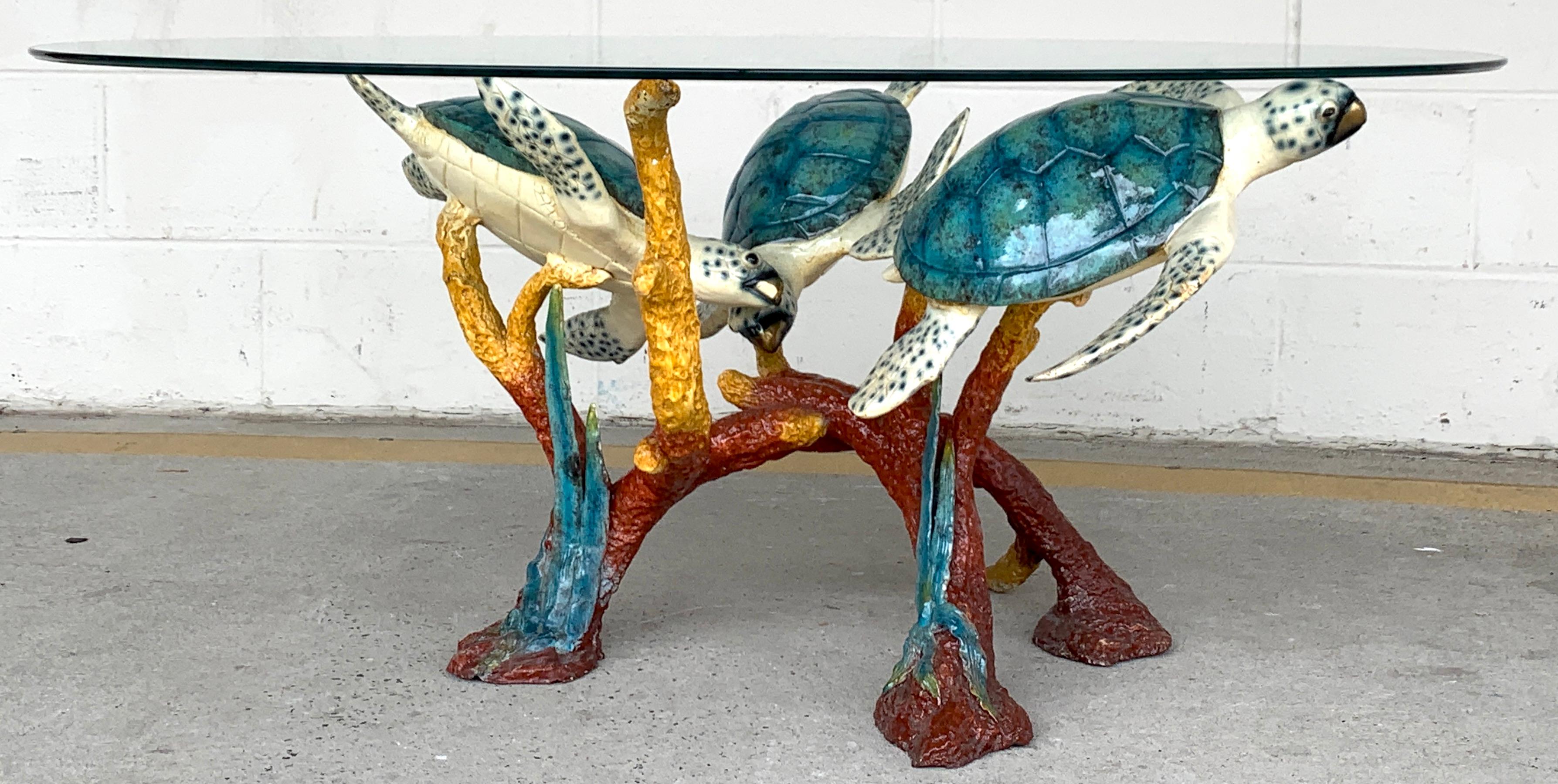 Enameled bronze sea turtle coffee table, realistically cast and modeled, vibrant enamel decoration. A fascinating table. The sculpture itself measures 31