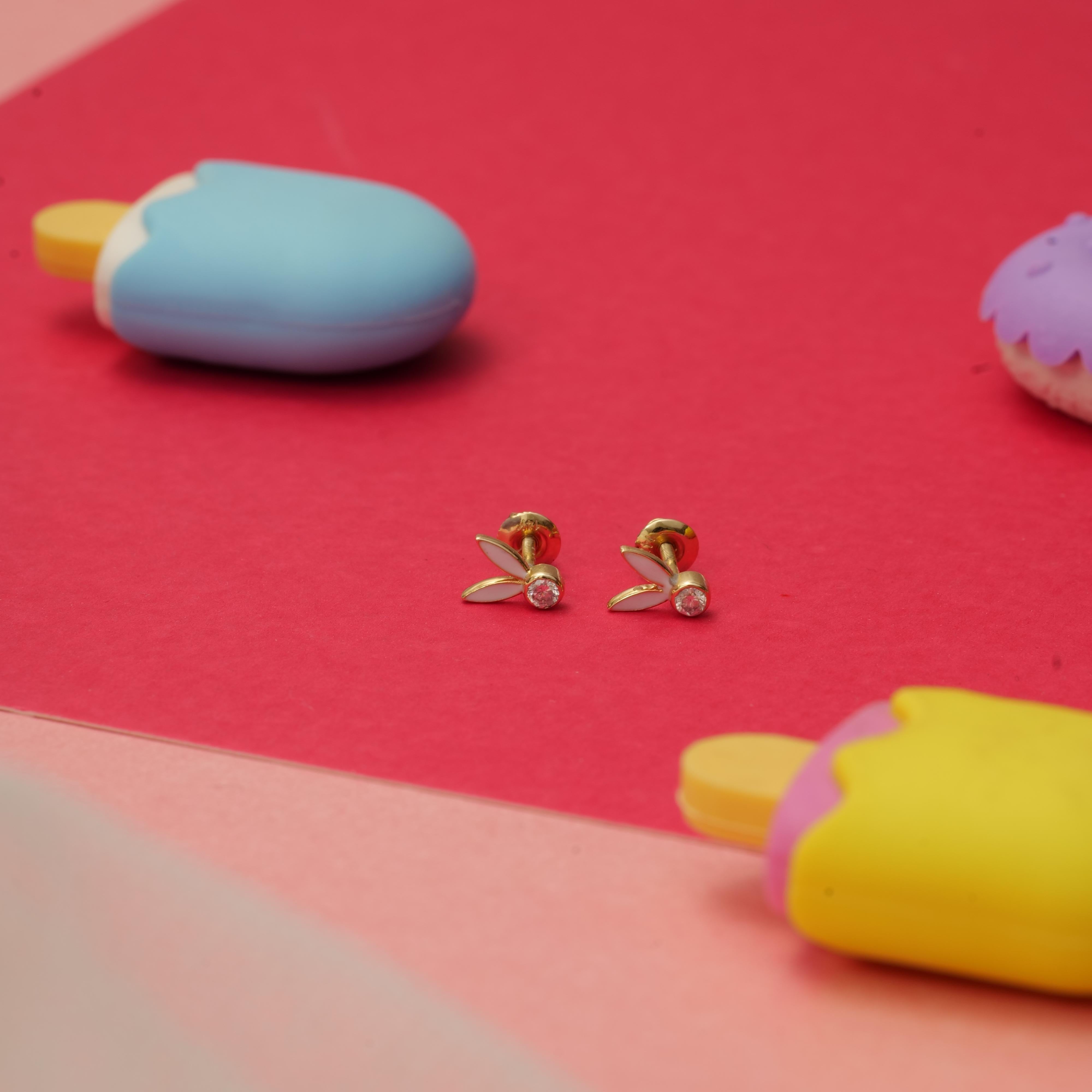 Women's Enameled Bunny Ears Diamond Earrings for Girls/Kids/Toddlers in 18K Solid Gold For Sale