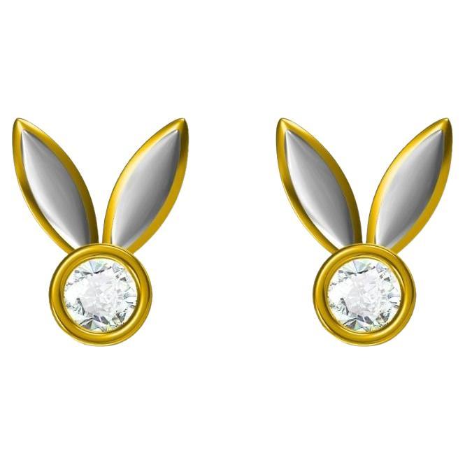 Enameled Bunny Ears Diamond Earrings for Girls/Kids/Toddlers in 18K Solid Gold For Sale