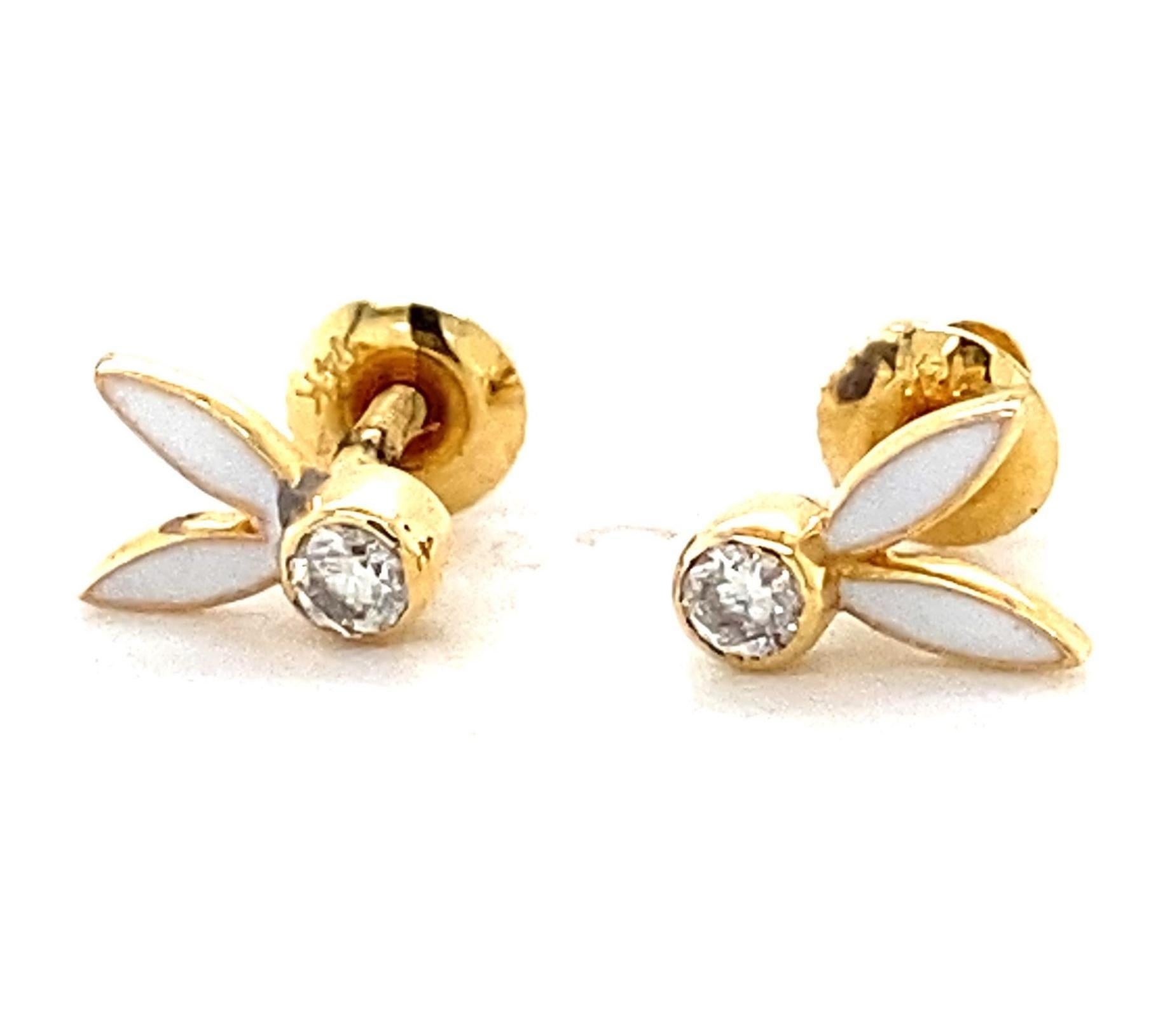 Taglio rotondo Orecchini per bambini con orecchie da coniglio smaltate e diamanti in oro massiccio 14k (certificati) in vendita