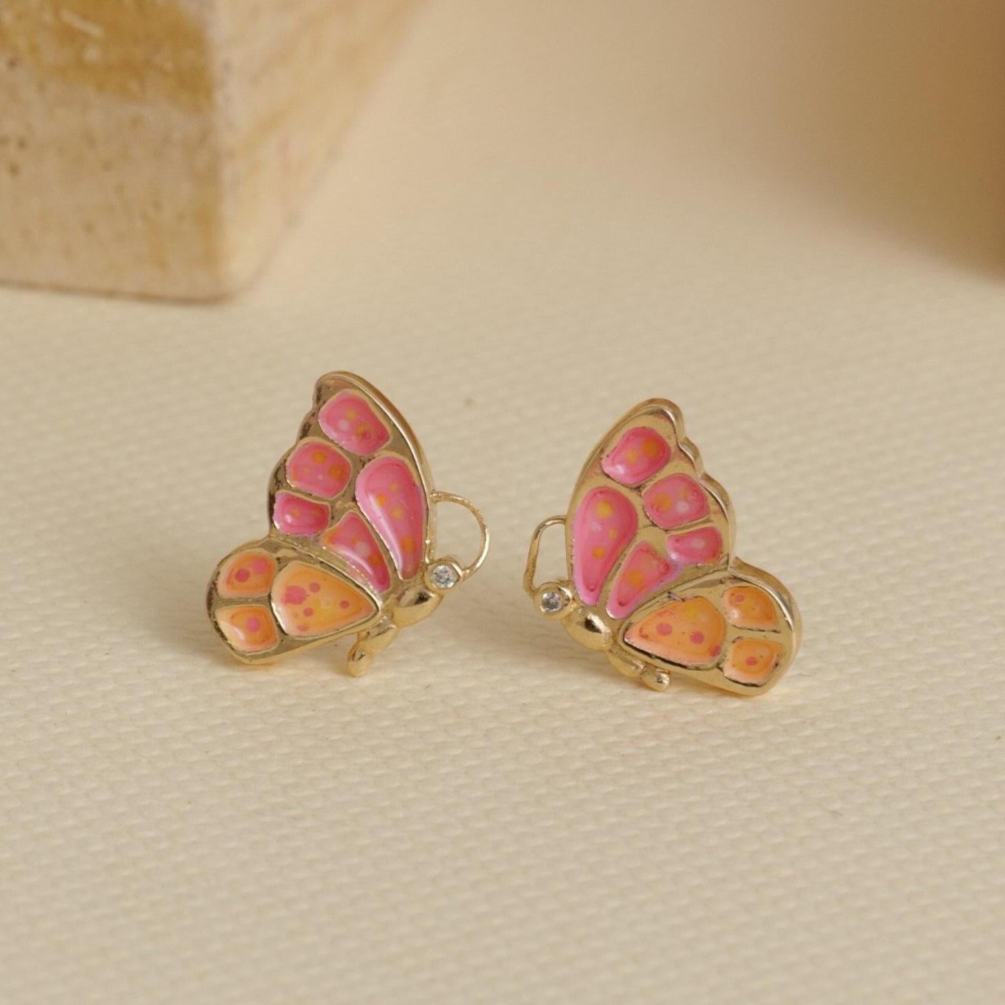 Art Deco Enameled Butterfly Diamond Stud Kids Earrings in 14k Solid Gold (Certified) For Sale