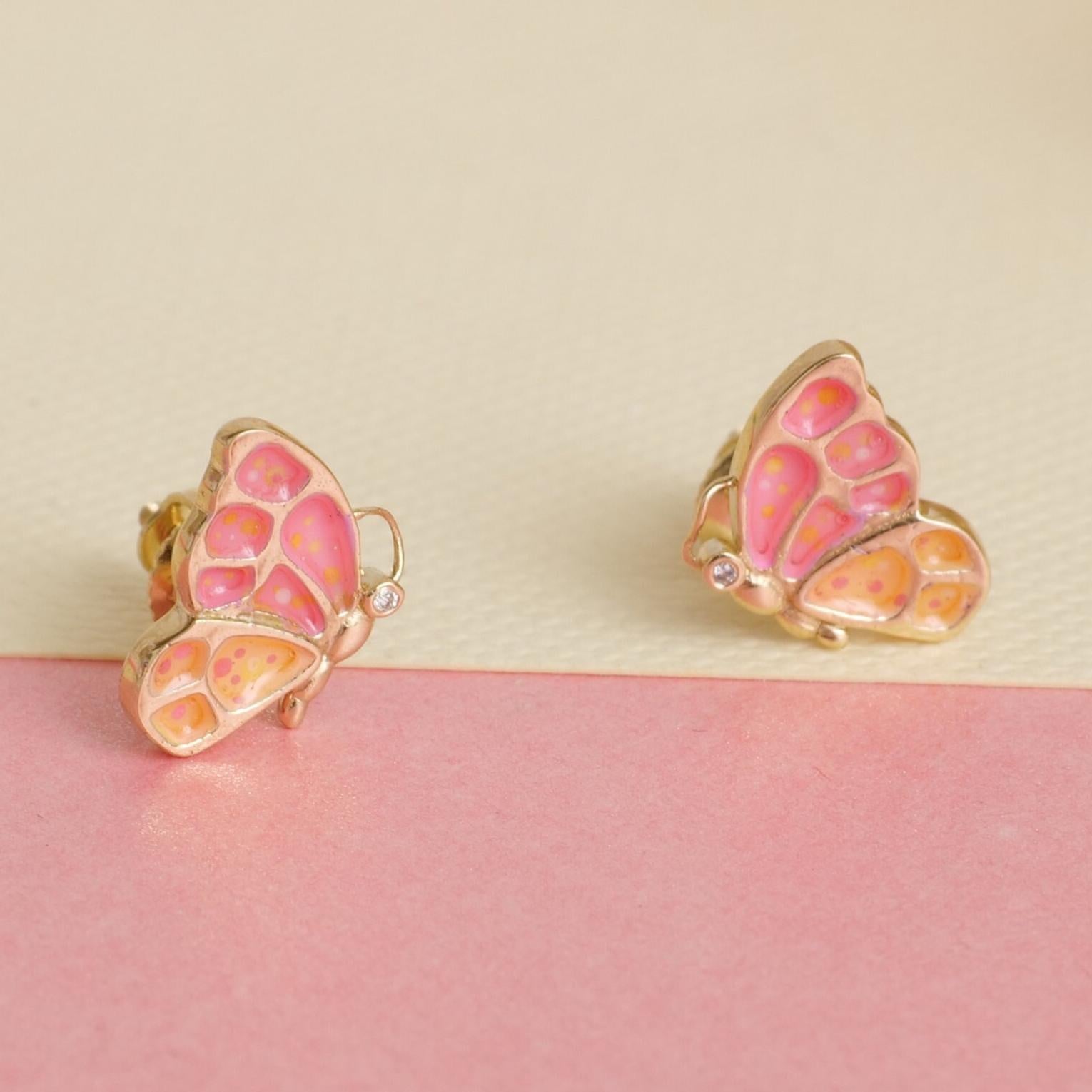 Round Cut Enameled Butterfly Diamond Stud Kids Earrings in 14k Solid Gold (Certified) For Sale