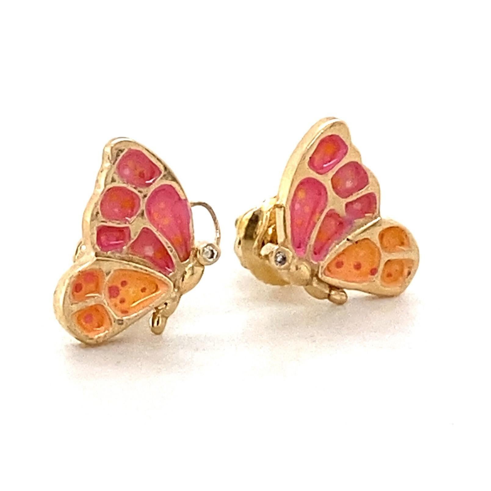 Enameled Butterfly Diamond Stud Kids Earrings in 14k Solid Gold (Certified) In New Condition For Sale In New Delhi, DL