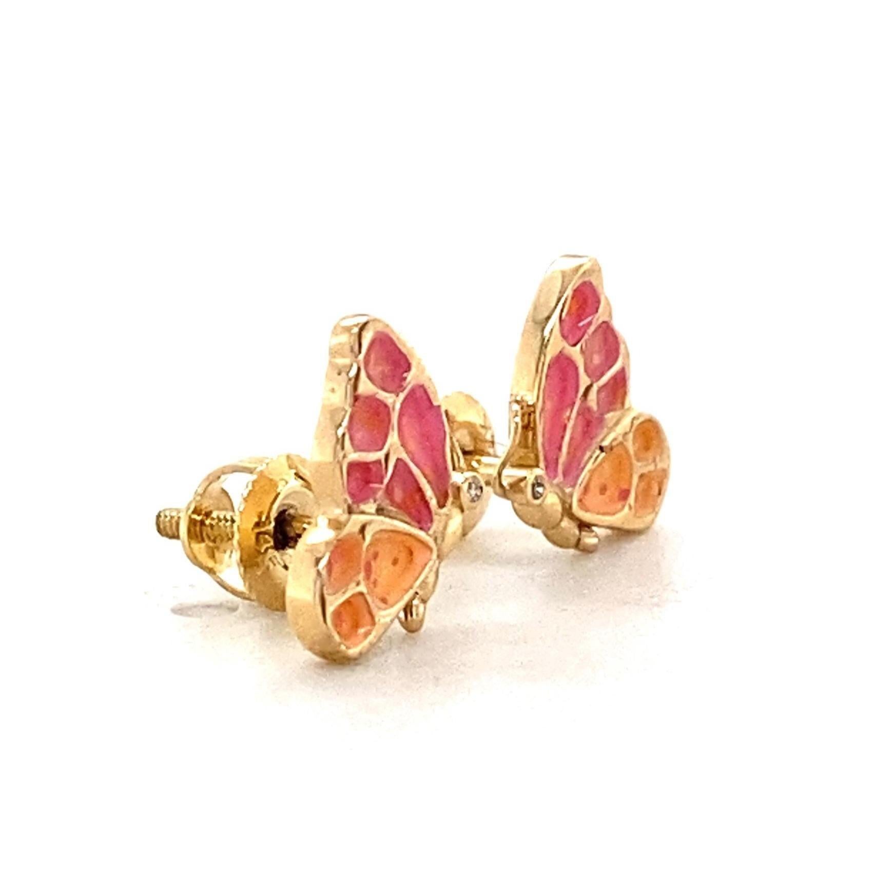 Women's Enameled Butterfly Diamond Stud Kids Earrings in 14k Solid Gold (Certified) For Sale