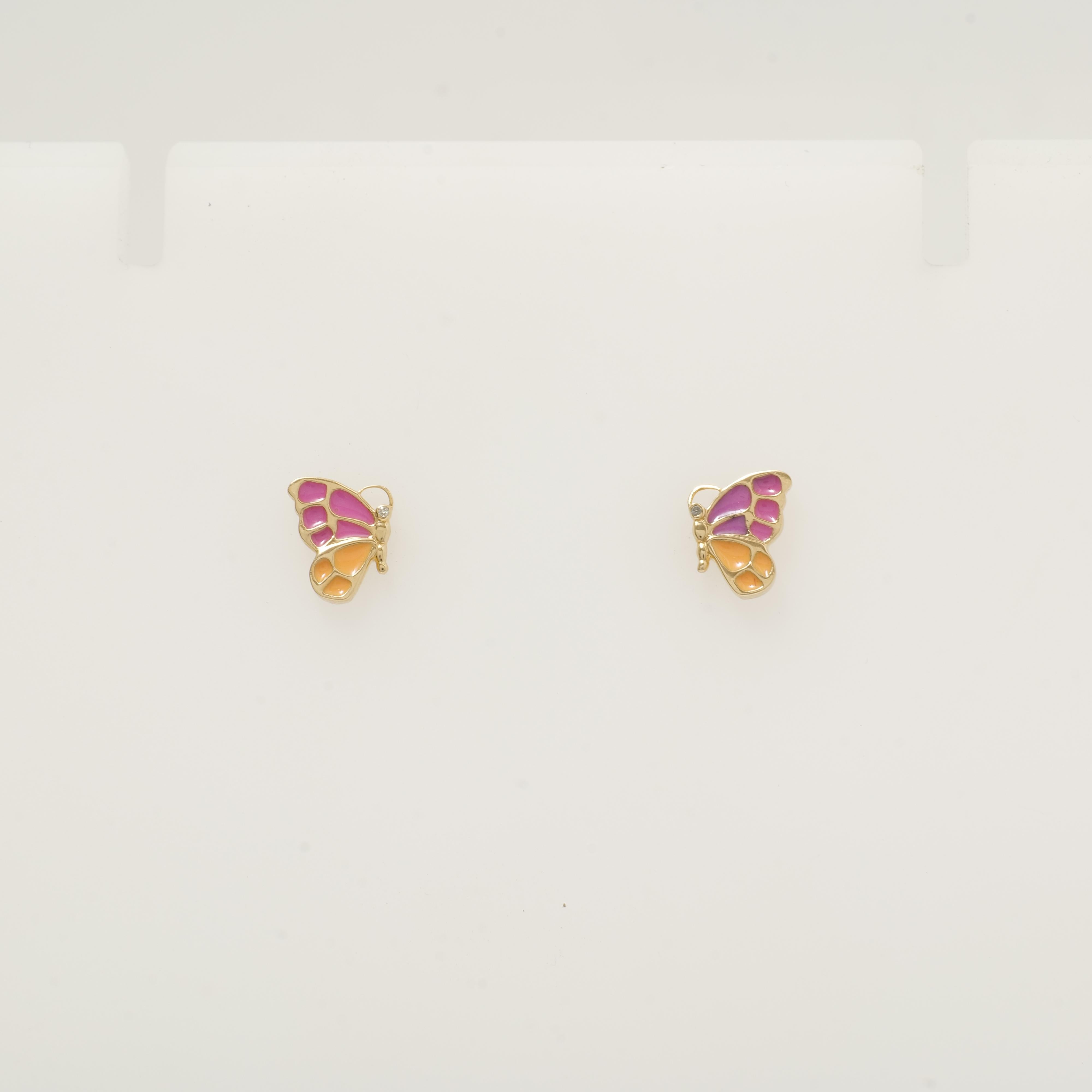 Enameled Butterfly Diamond Stud Kids Earrings in 14k Solid Gold (Certified) For Sale 2