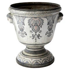 Enameled Cast Iron Rouen Urn Decorated in Blue White and Red Colors