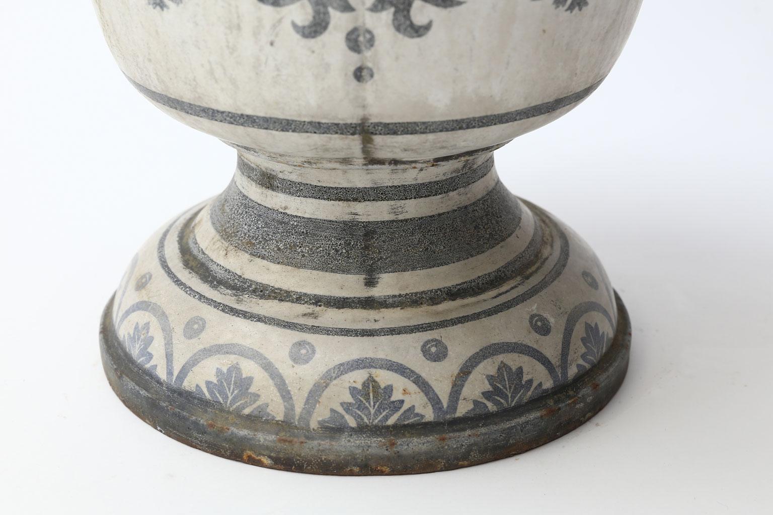 19th Century Enameled Cast Iron Rouen Urn Decorated in Blue White and Red Colors