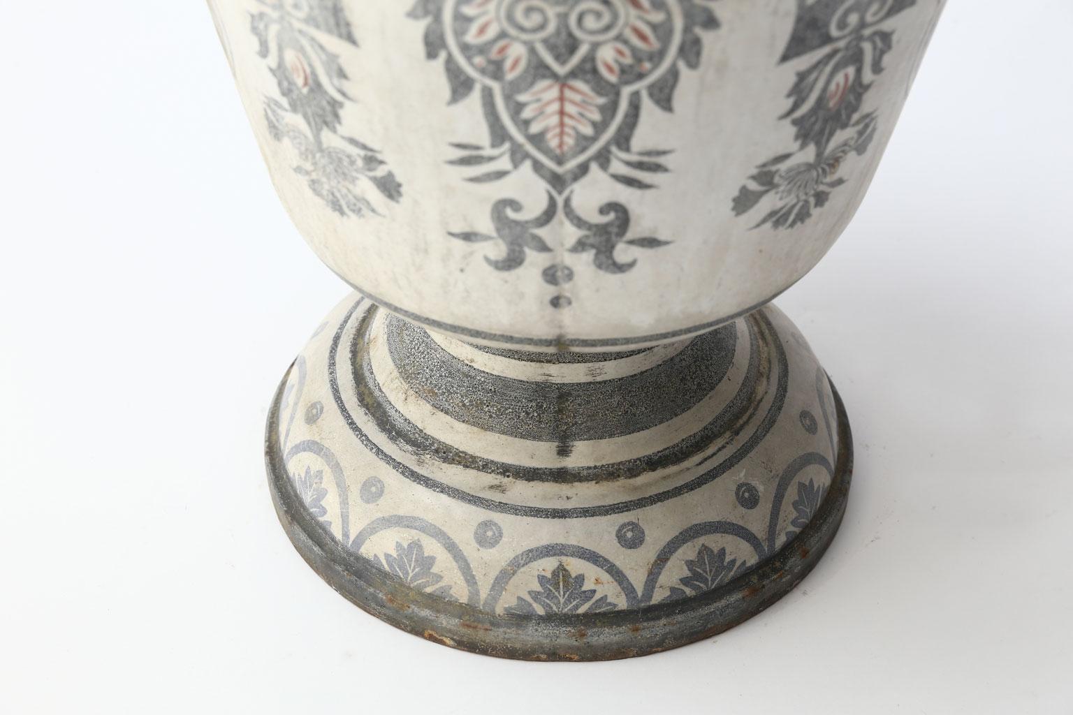 Enameled Cast Iron Rouen Urn Decorated in Blue White and Red Colors 3