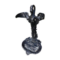 Enameled Cast Iron Umbrella and Stick Stand with Stork and Fish Sculpture