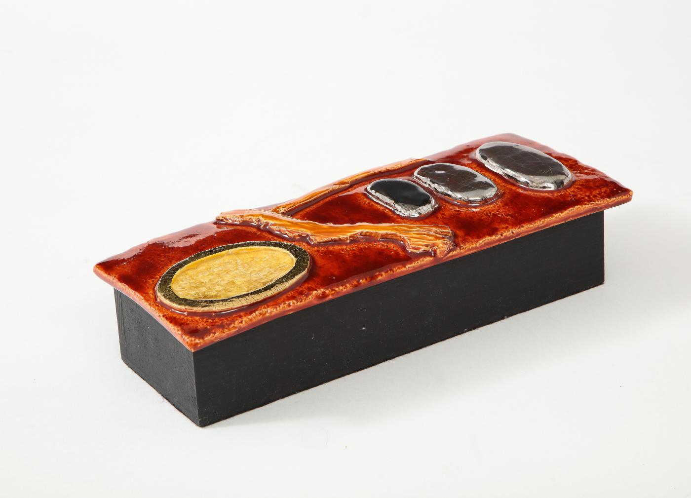 Enameled Ceramic Box by Marion De Crecy, France, c. 1975

Enameled Ceramic Lid and Black Wooden Under Box.

