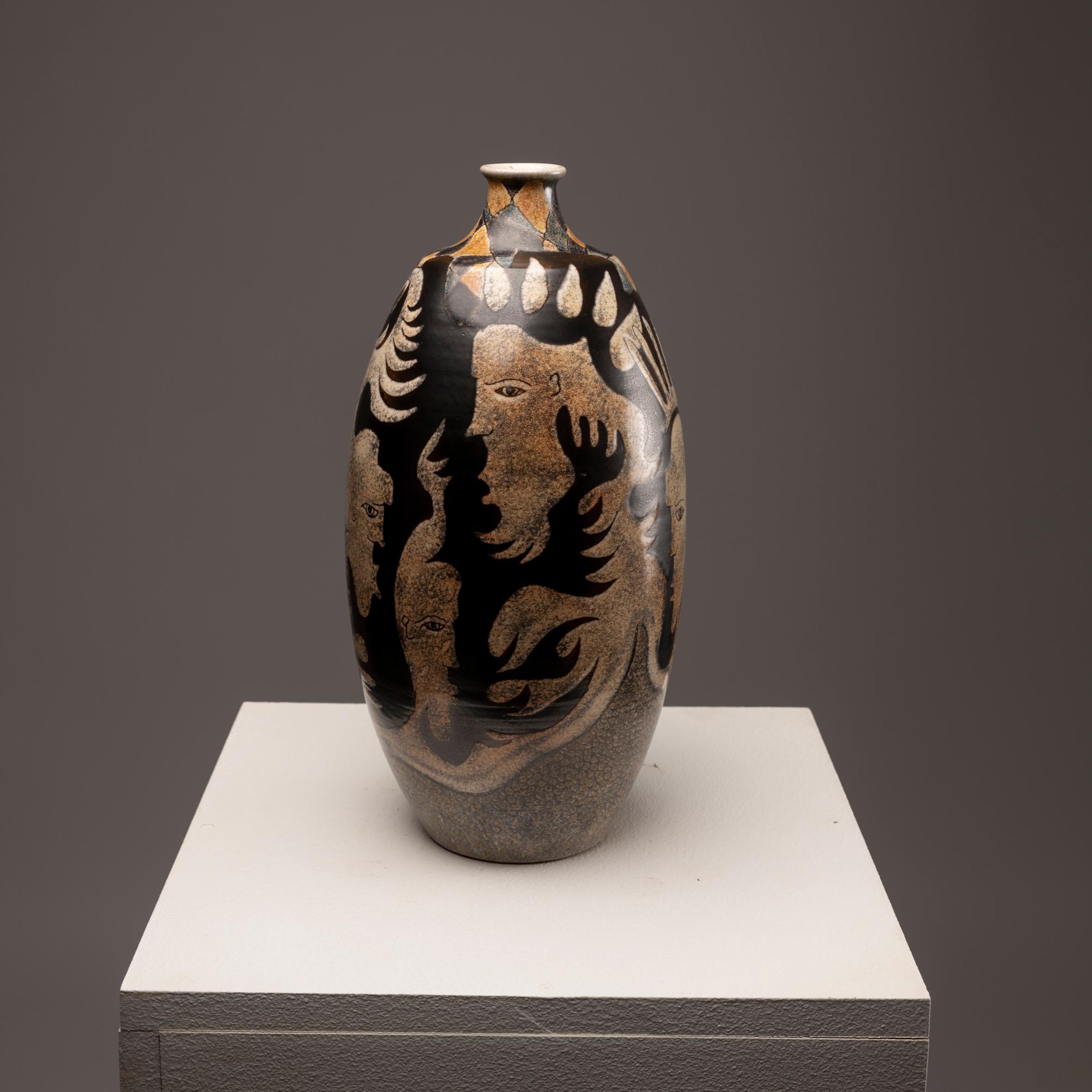 Art Deco Enameled Ceramic Vase by M. Millet, 1980s