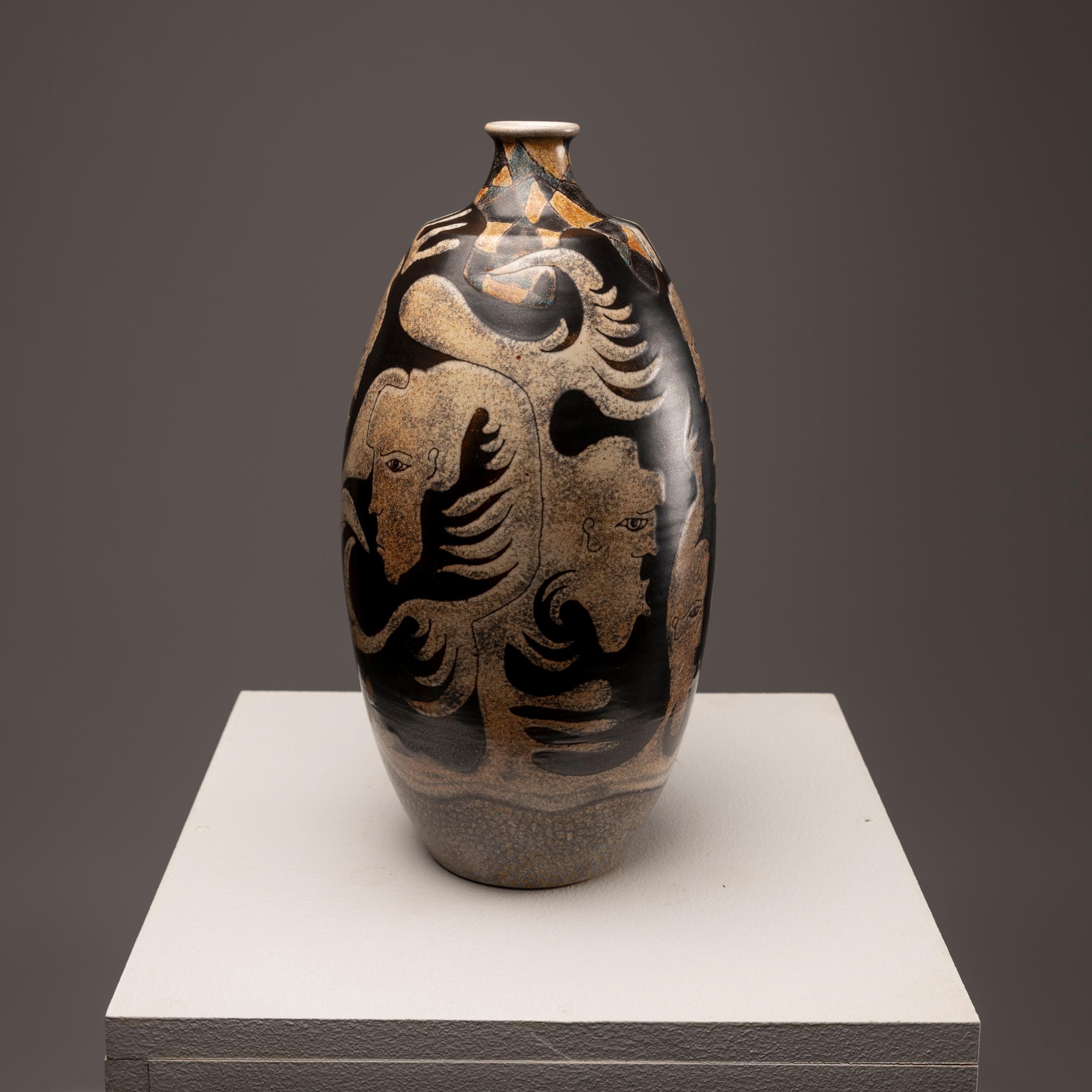 Spanish Enameled Ceramic Vase by M. Millet, 1980s For Sale
