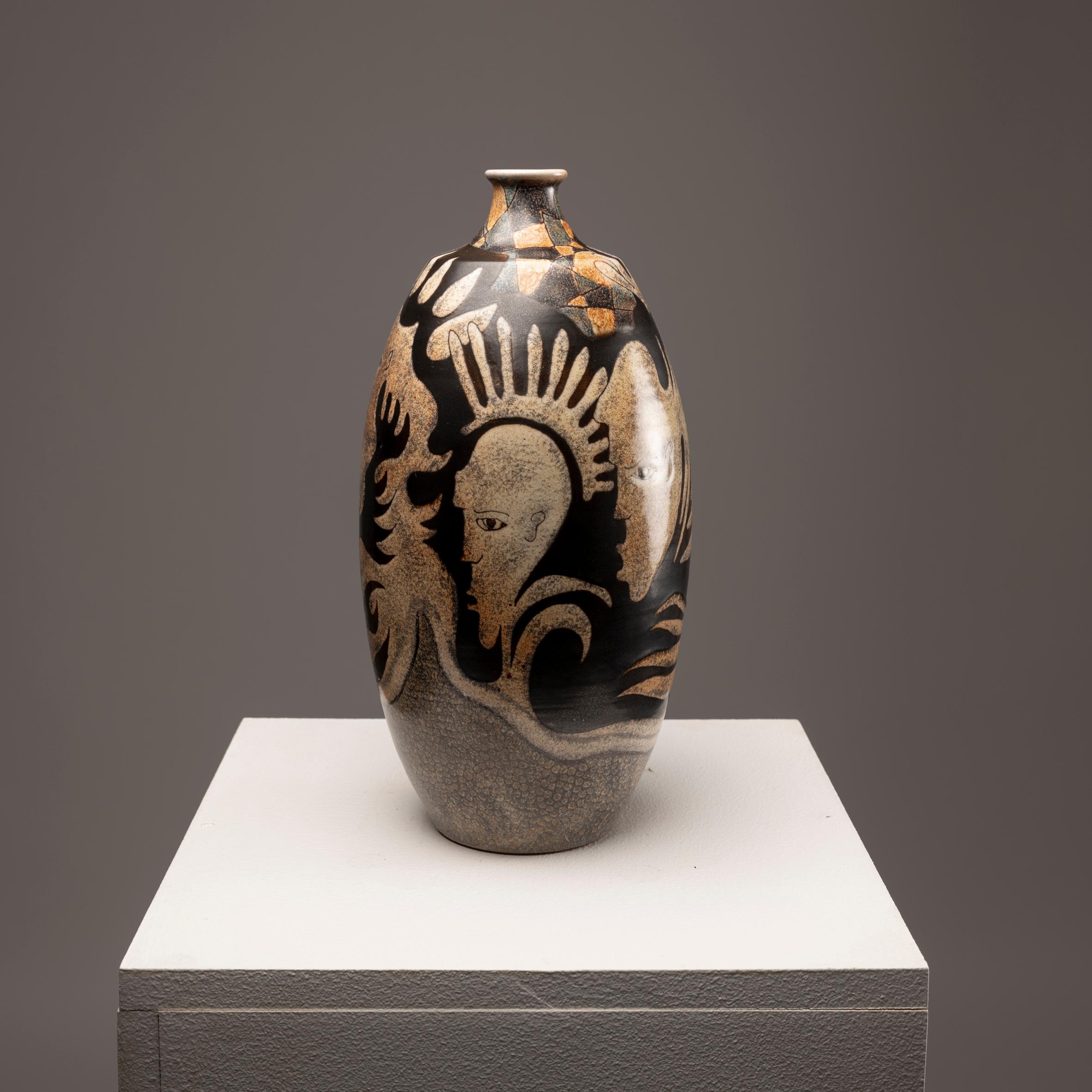 Enameled Ceramic Vase by M. Millet, 1980s In Good Condition In BARCELONA, ES