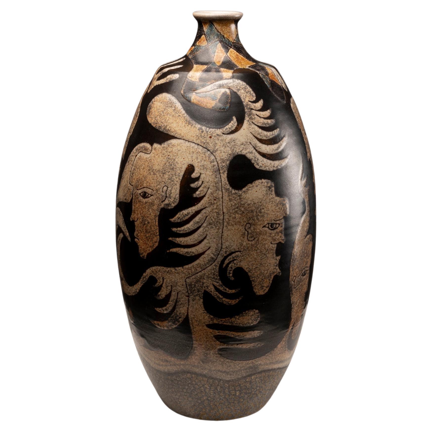 Enameled Ceramic Vase by M. Millet, 1980s For Sale