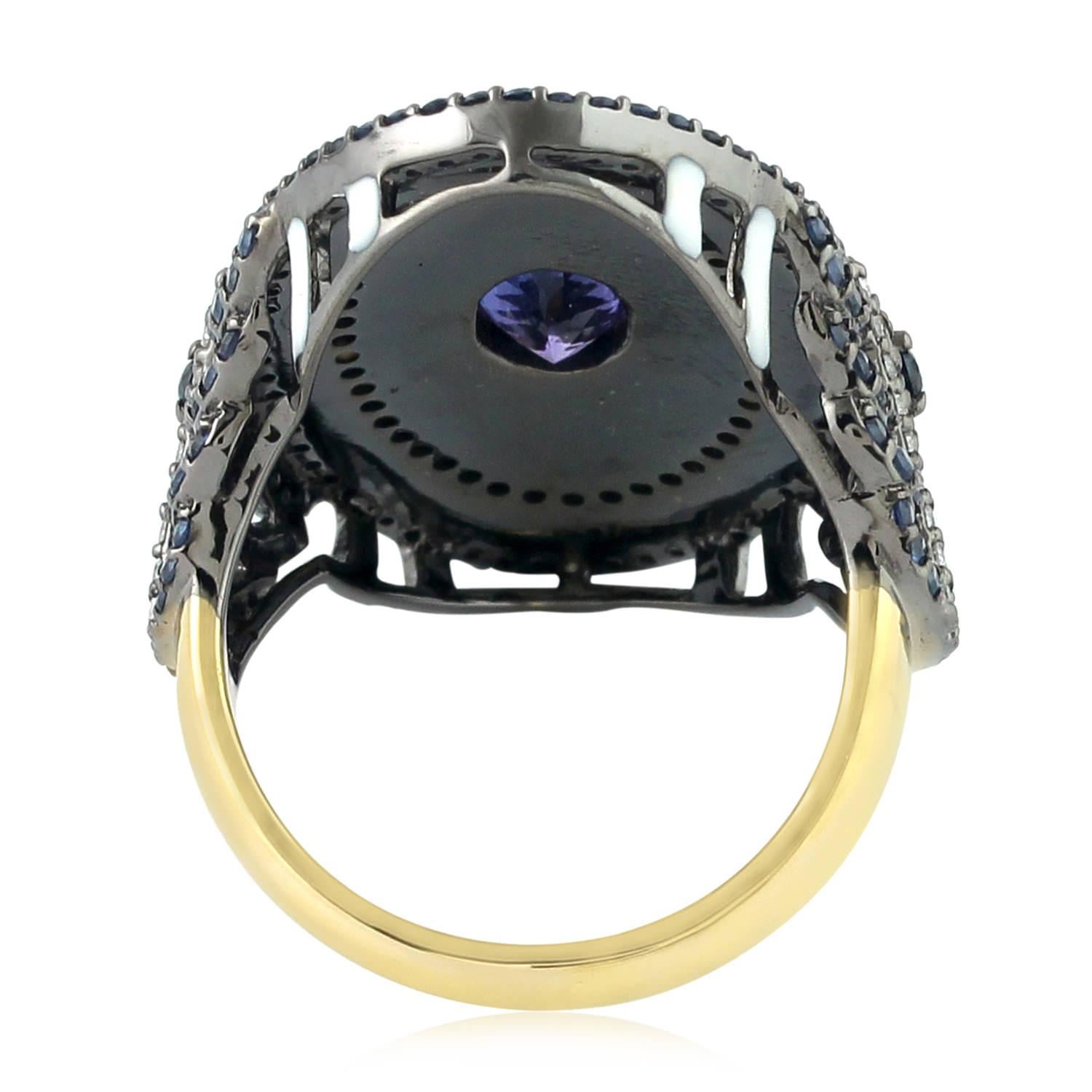 Art Deco Enameled Cocktail Ring Accented With Sapphire , Tanzanite & Diamonds For Sale