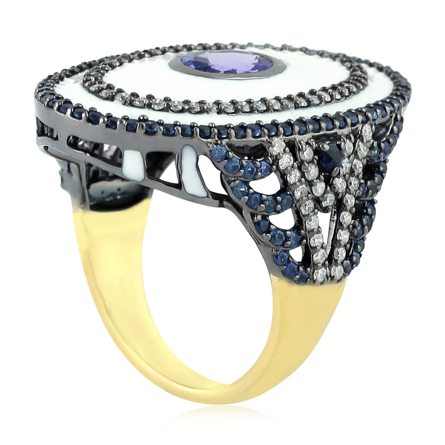 Mixed Cut Enameled Cocktail Ring Accented With Sapphire , Tanzanite & Diamonds For Sale