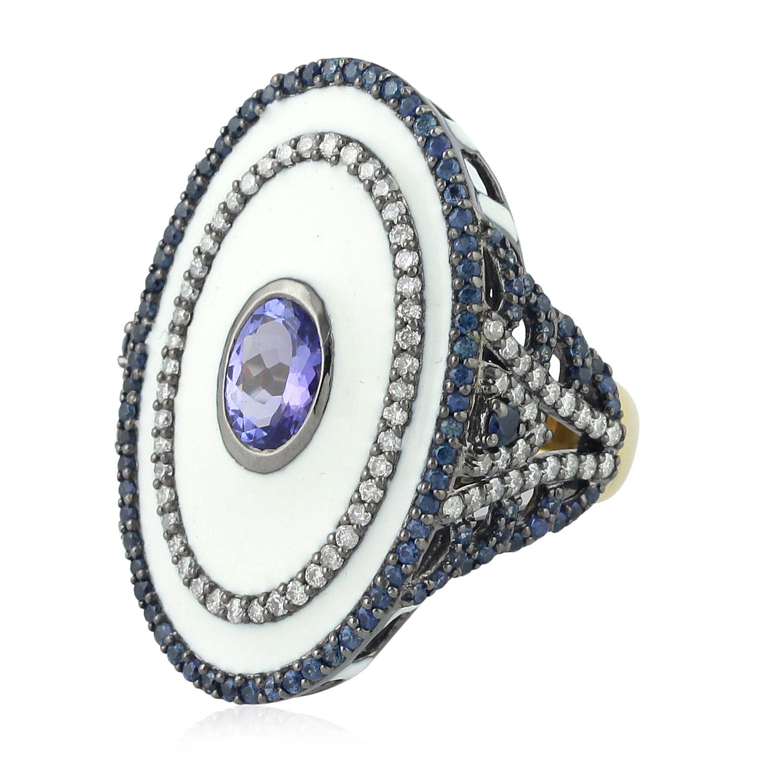 Enameled Cocktail Ring Accented With Sapphire , Tanzanite & Diamonds In New Condition For Sale In New York, NY