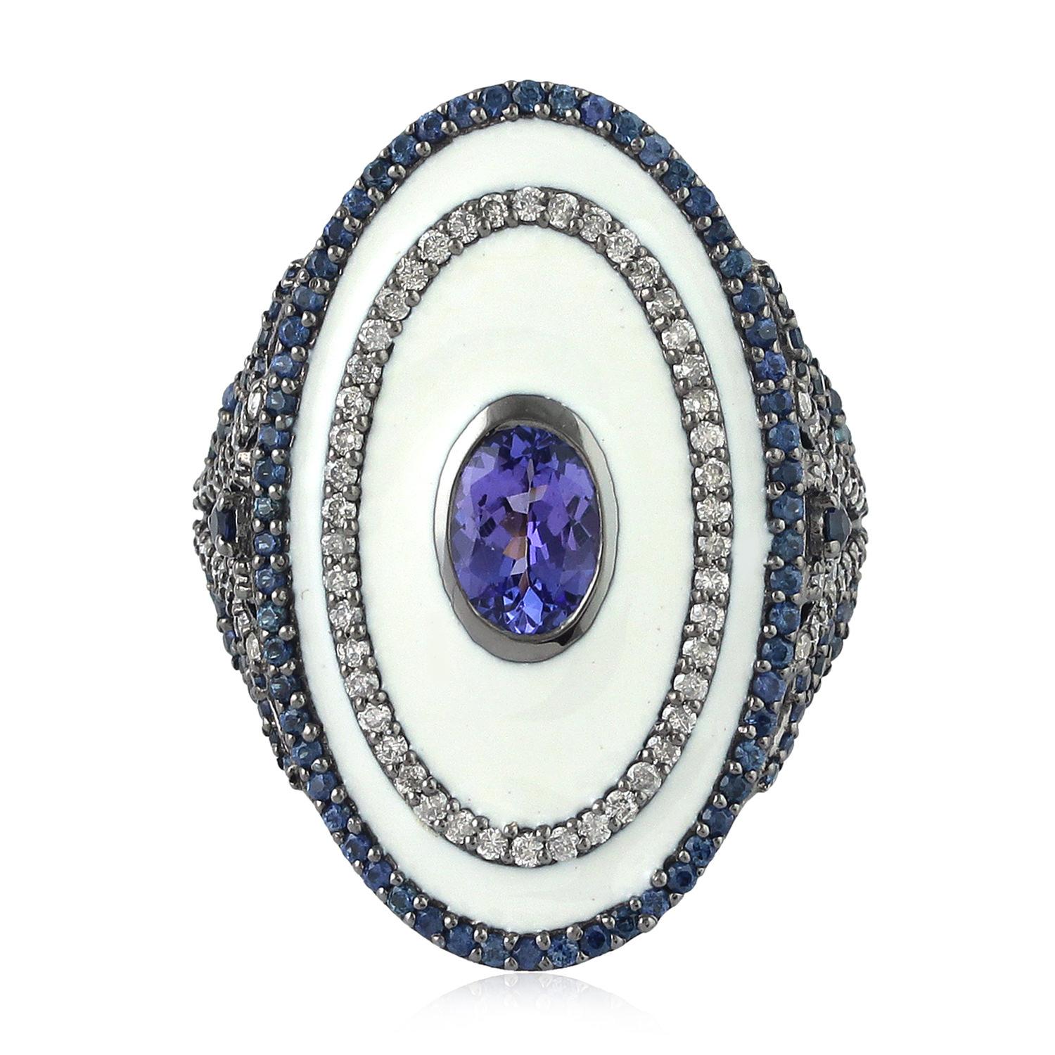 Women's Enameled Cocktail Ring Accented With Sapphire , Tanzanite & Diamonds For Sale
