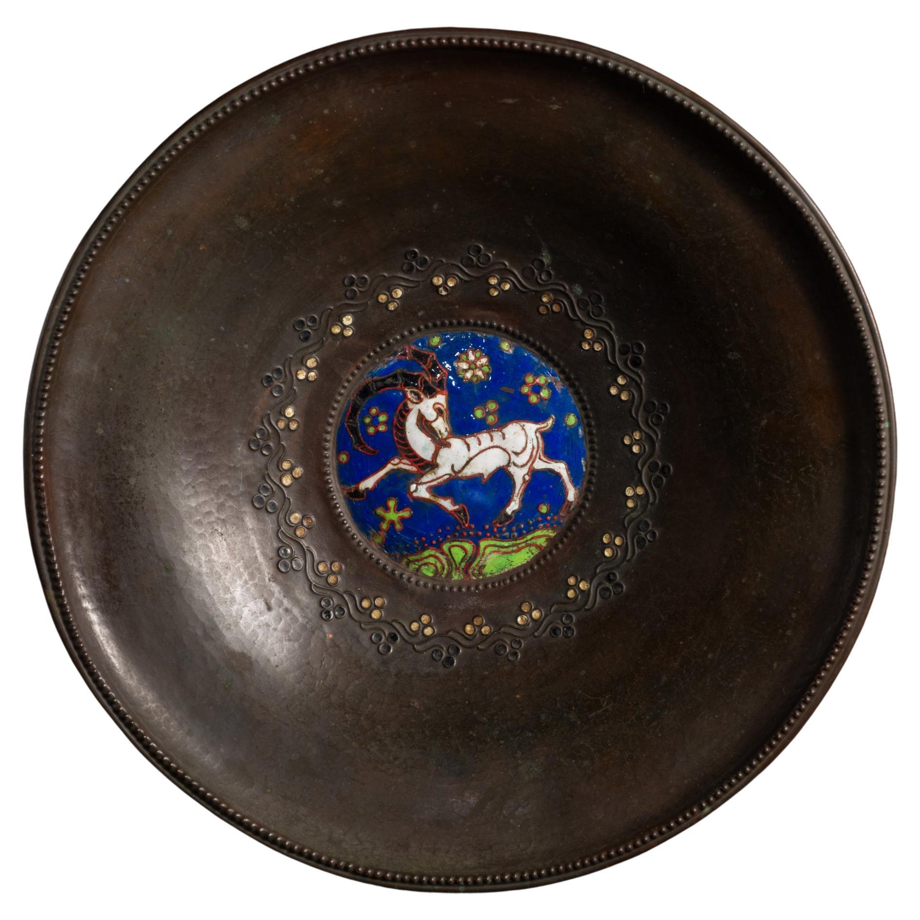 Enameled Copper Art Nouveau Dish with Ram by Ludwig Karl Maria Vierthaler For Sale