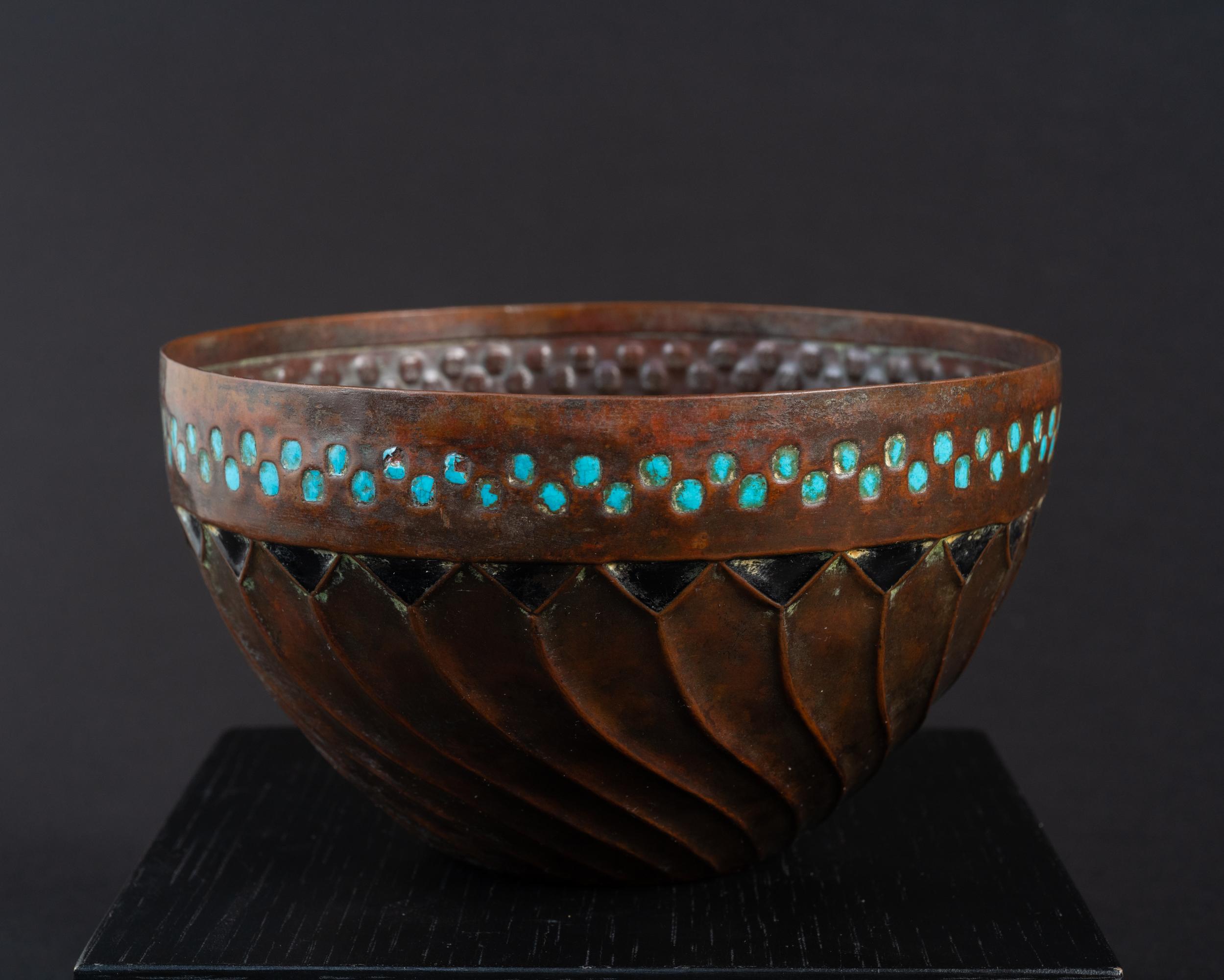 German Enameled Copper Art Nouveau Spiral Bowl by Ludwig Karl Maria Vierthaler