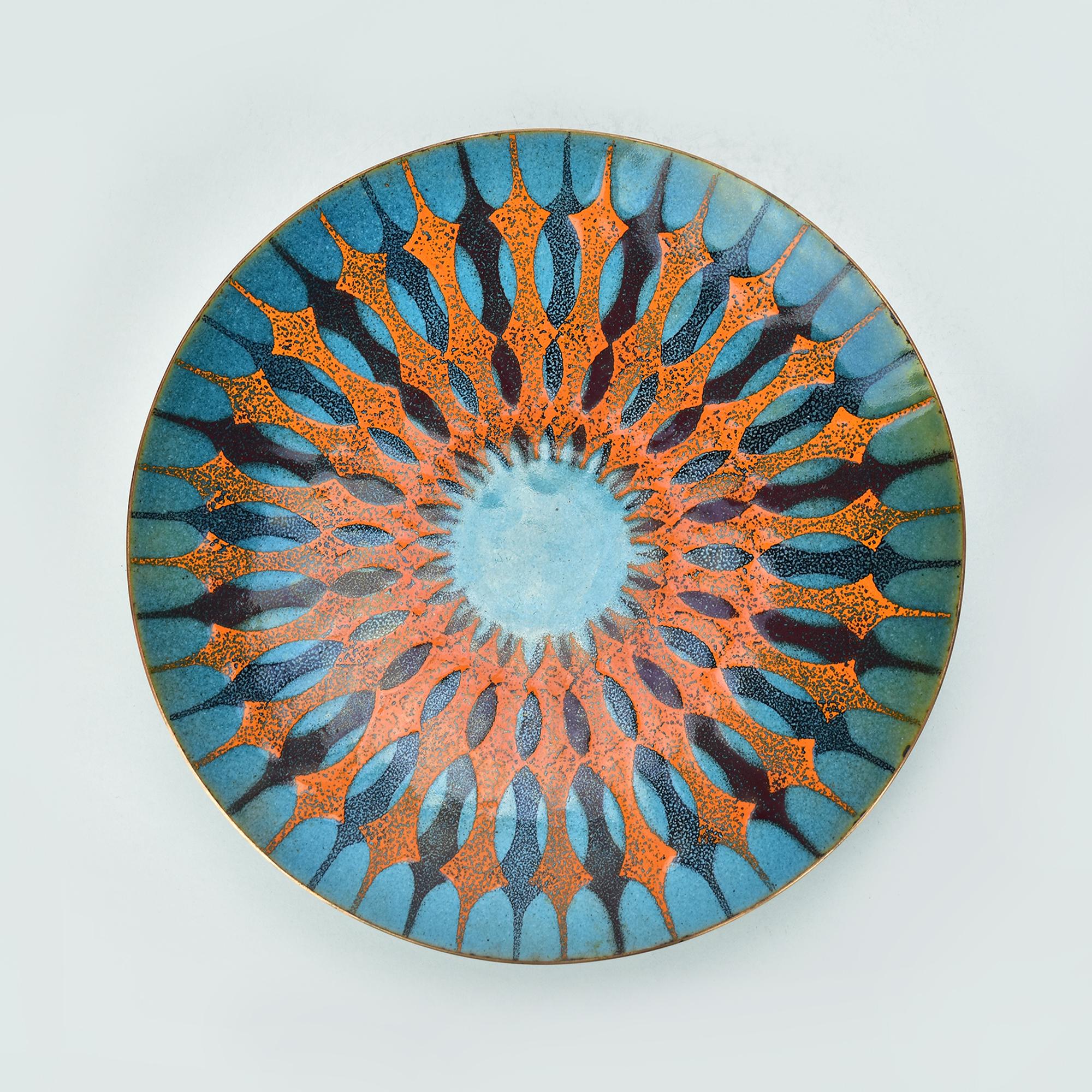 Mid-Century Modern Enameled Copper Bowl Dish Keep All by Margarete Ernst Geometric Pattern MCM For Sale