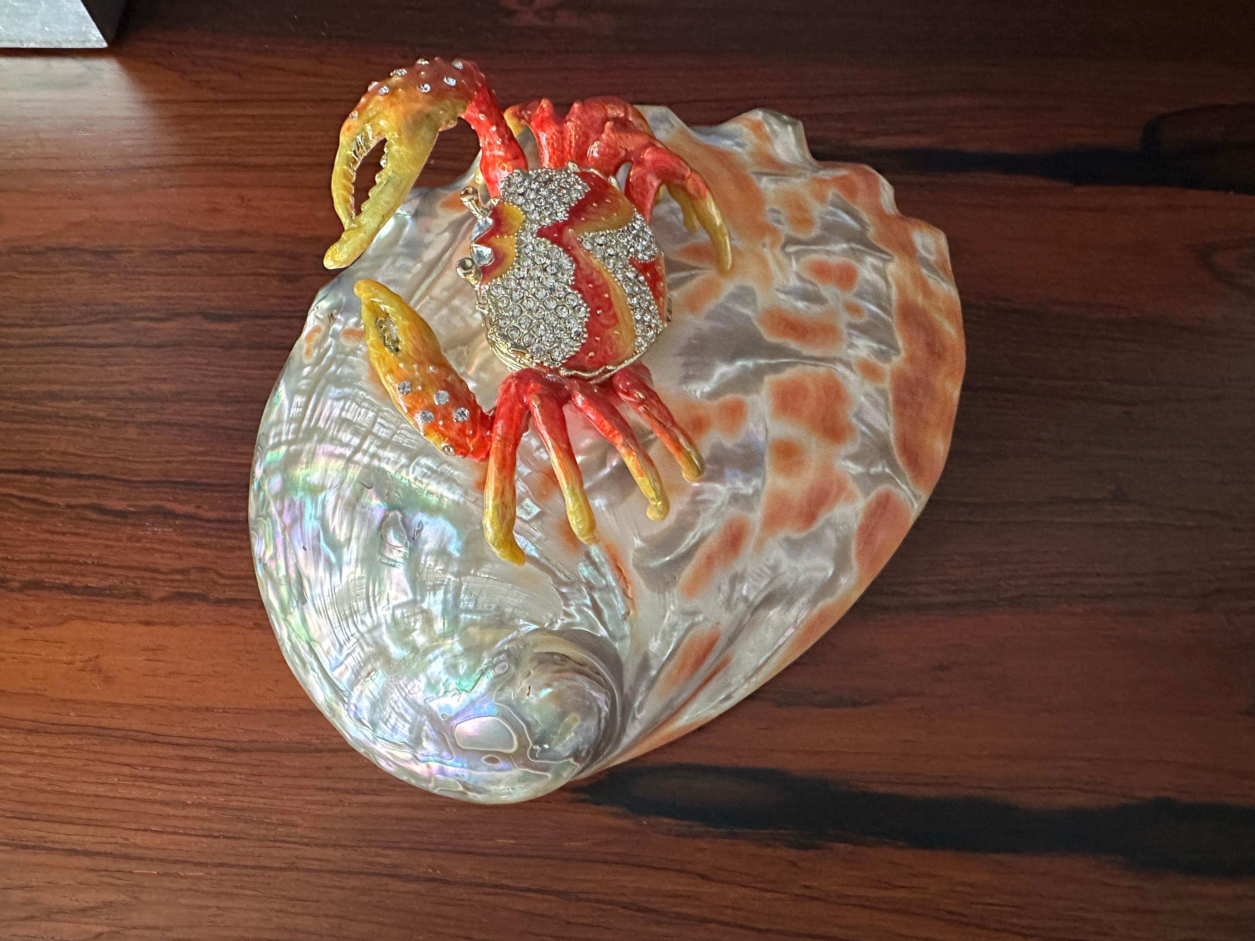 Hollywood Regency Enameled Crab Sculpture on Abalone Shell For Sale