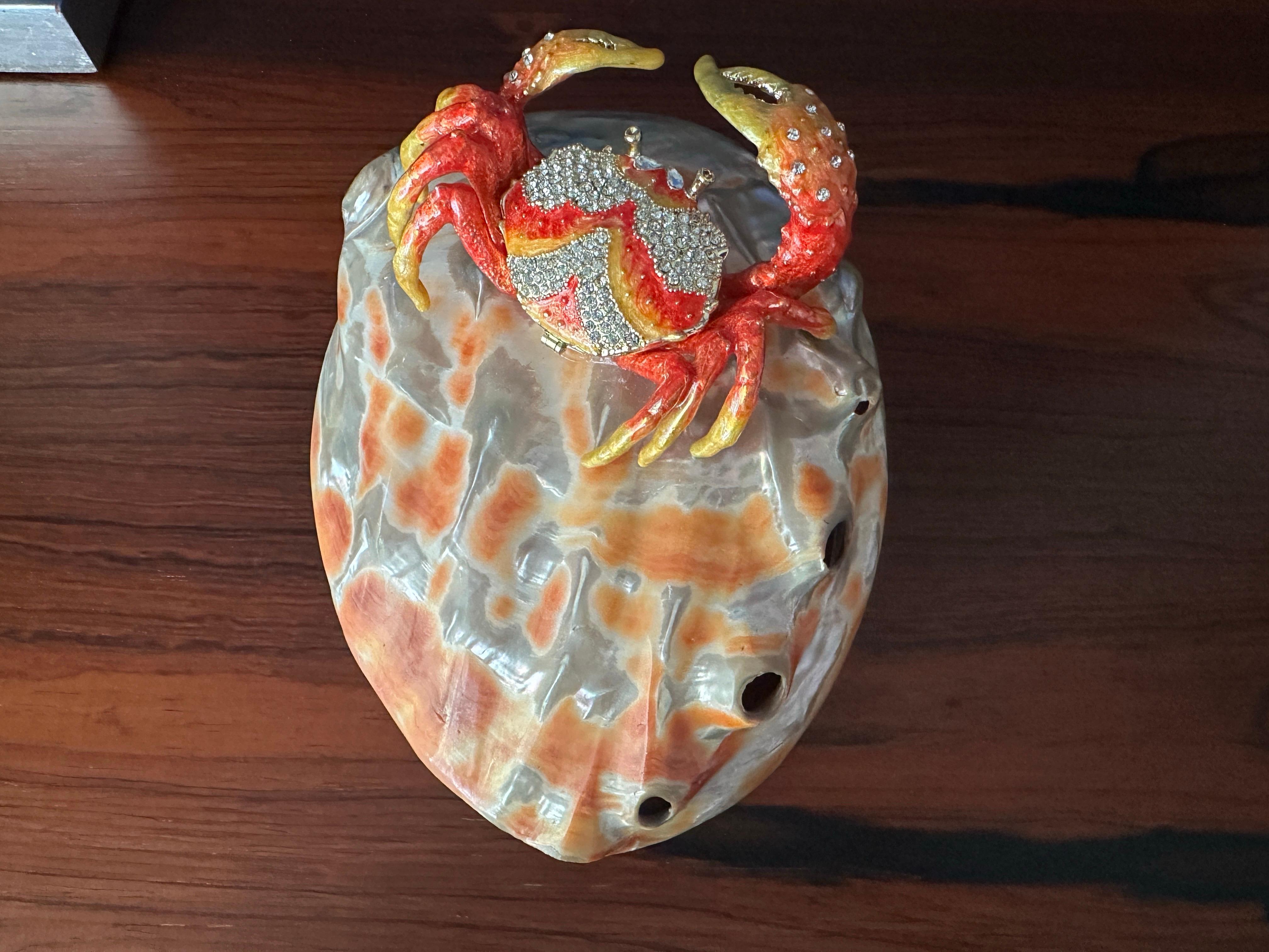 Metal Enameled Crab Sculpture on Abalone Shell For Sale