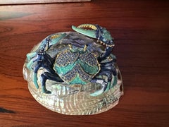 Enameled Crab Sculpture with Rhinestones on Abalone Shell