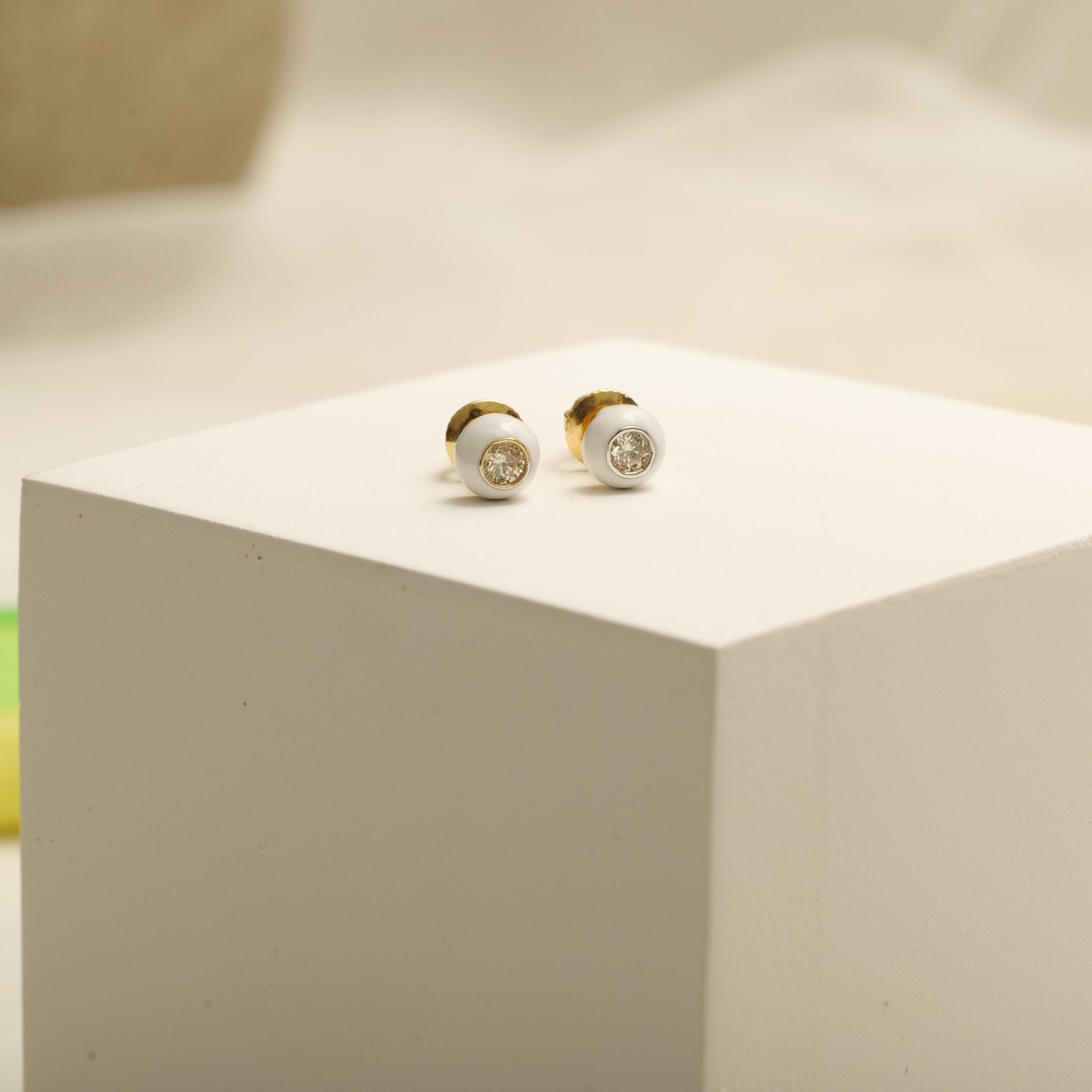 Art Deco Enameled Diamond Stud Earrings in 14K Solid Gold (Certified) For Sale