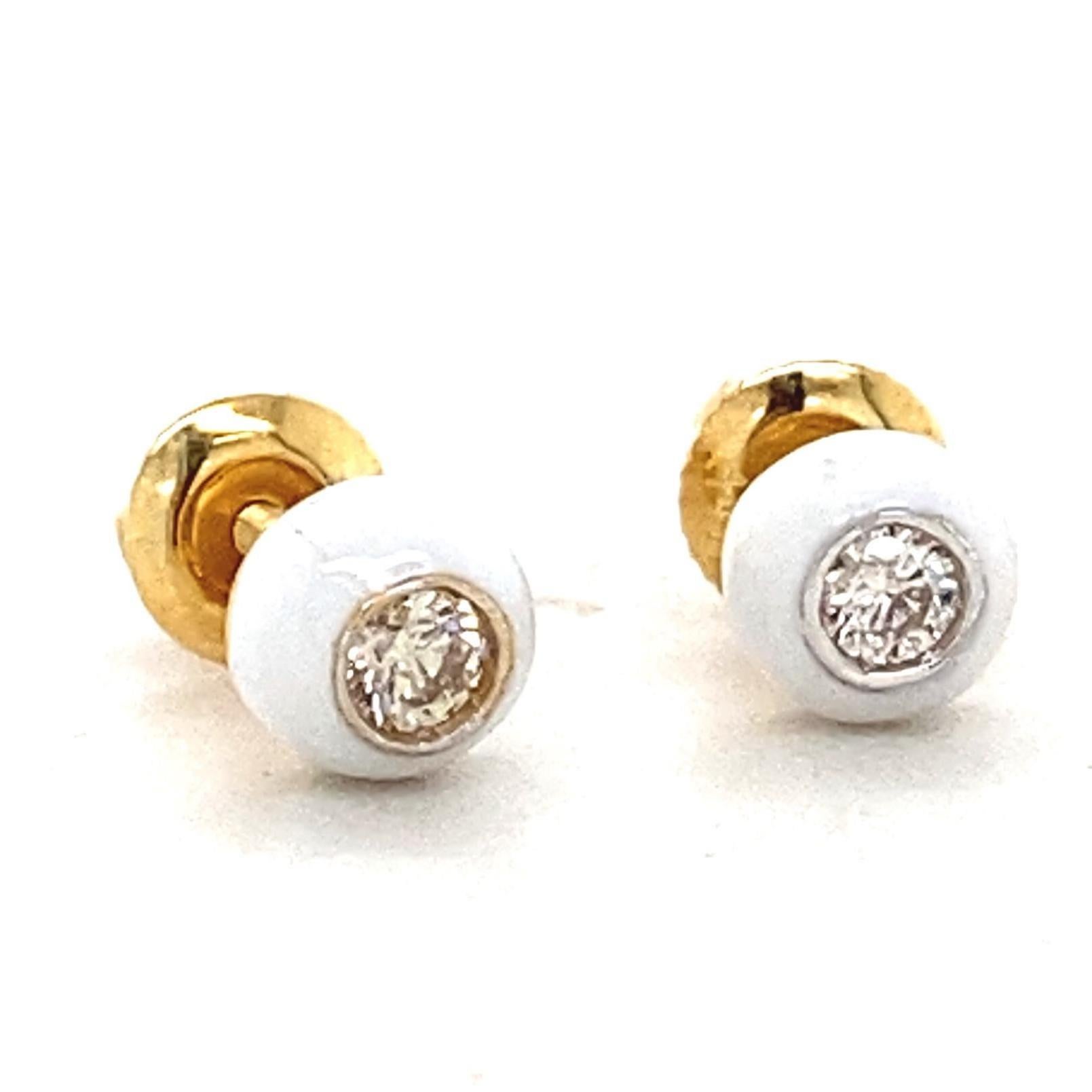 Round Cut Enameled Diamond Stud Earrings in 14K Solid Gold (Certified) For Sale