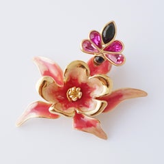 Enameled Dimensional Flower & Bee Trembler Brooch By Bob Mackie, 1980s