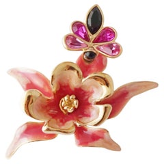 Vintage Enameled Dimensional Flower & Bee Trembler Brooch By Bob Mackie, 1980s