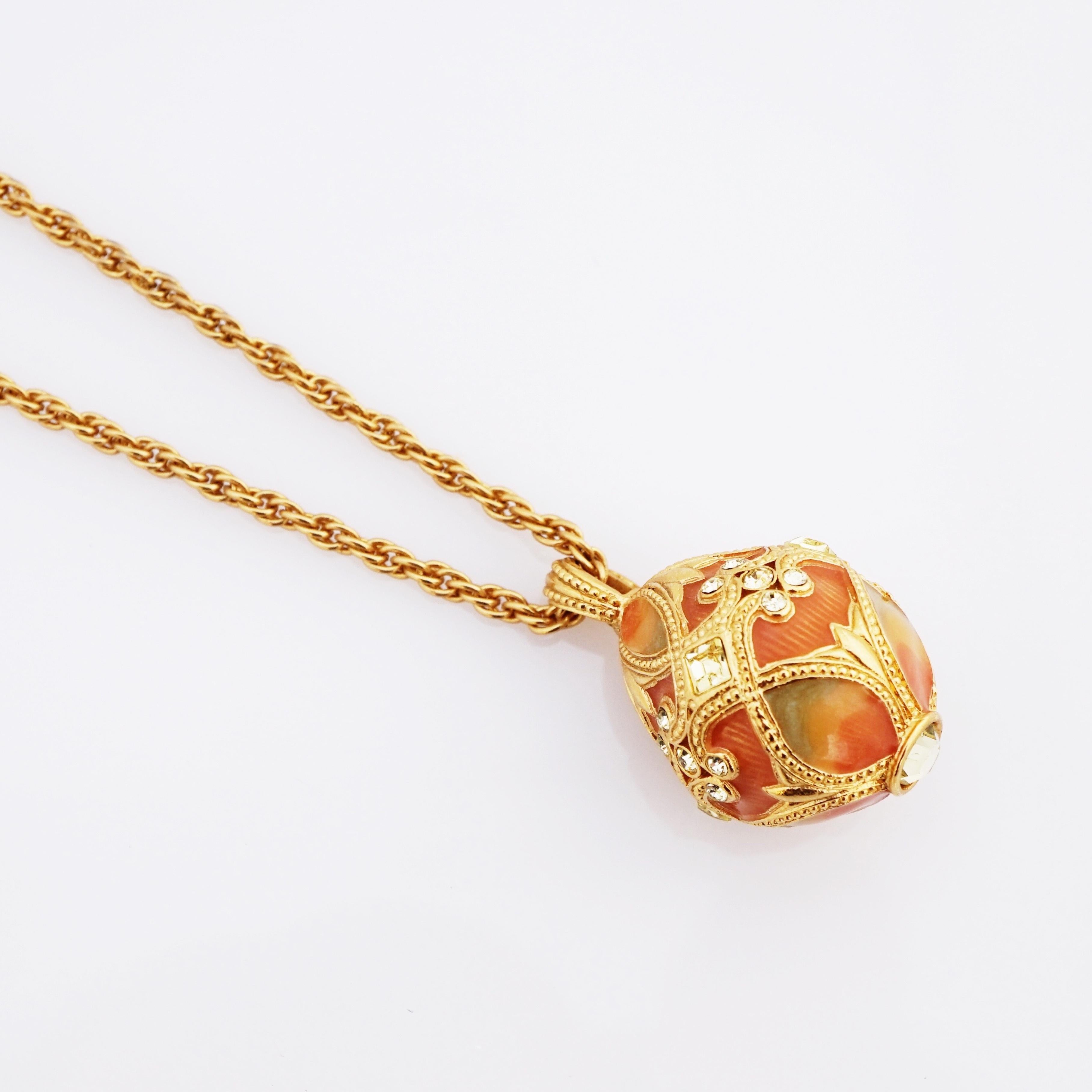 Modern Enameled Egg Pendant Necklace With Rhinestone Accents By Joan Rivers, 1990s