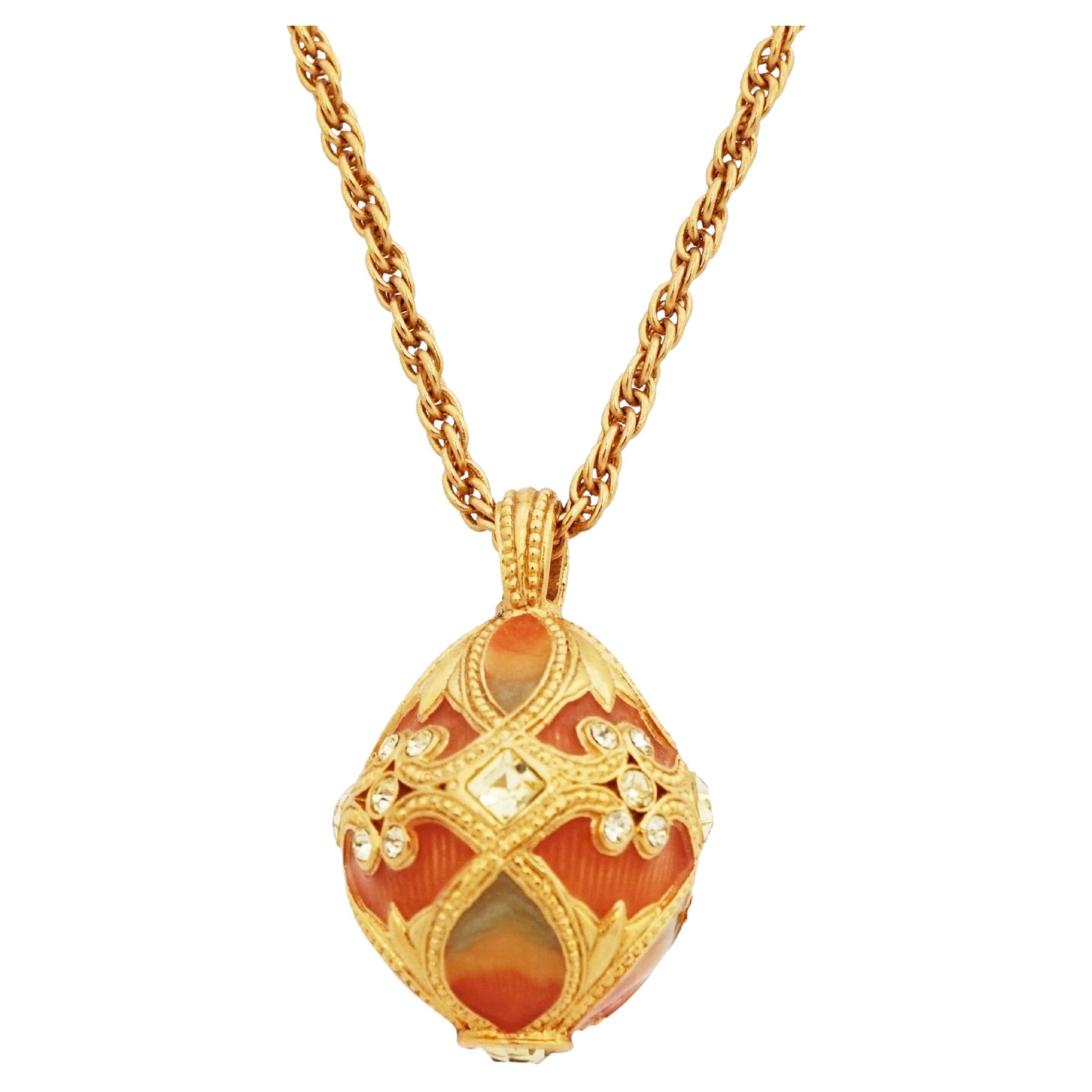 Enameled Egg Pendant Necklace With Rhinestone Accents By Joan Rivers, 1990s For Sale