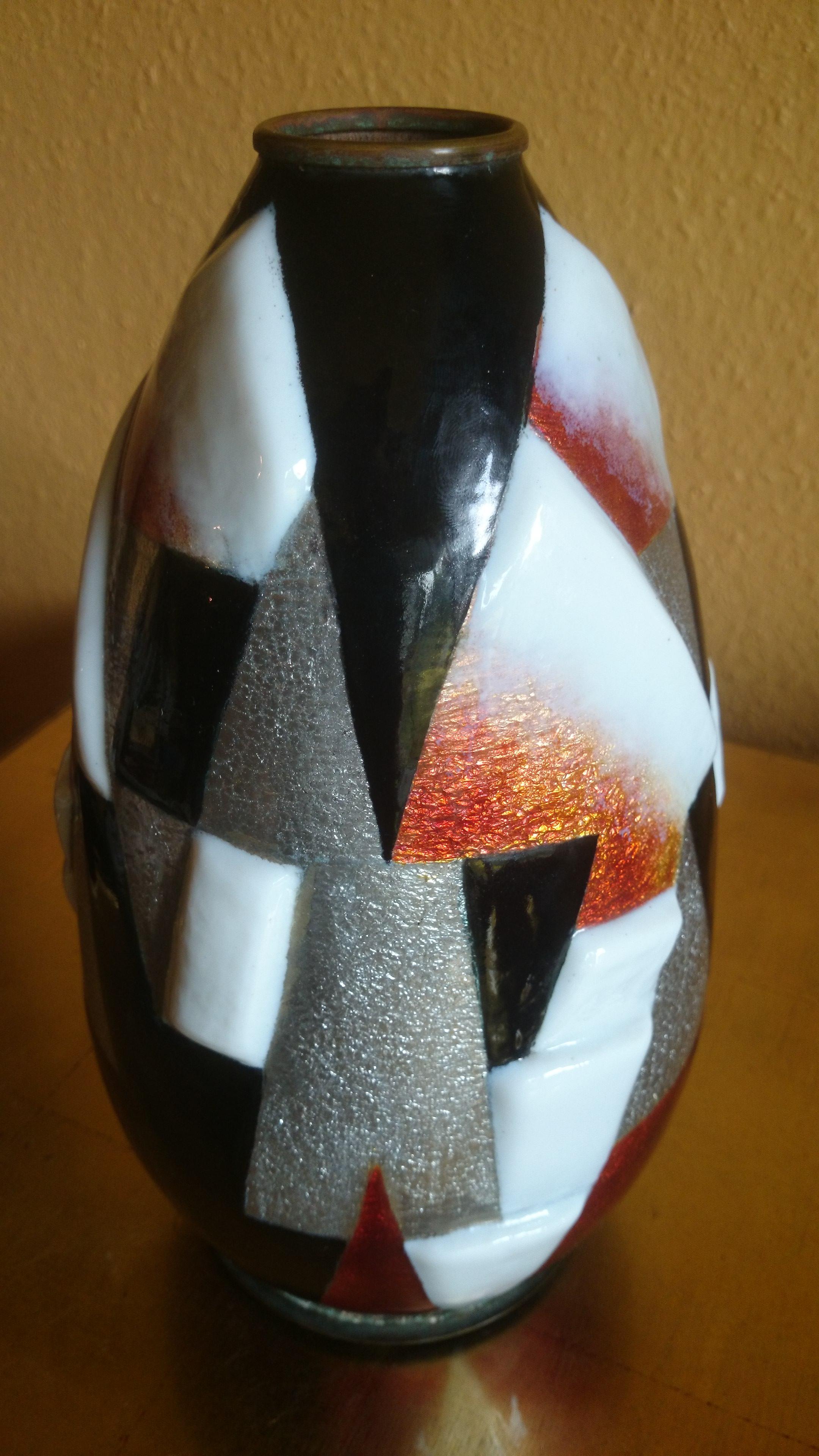 Enameled Egg-Shaped Copper Vase by Camille Fauré, Geometric Design, Signed For Sale 5