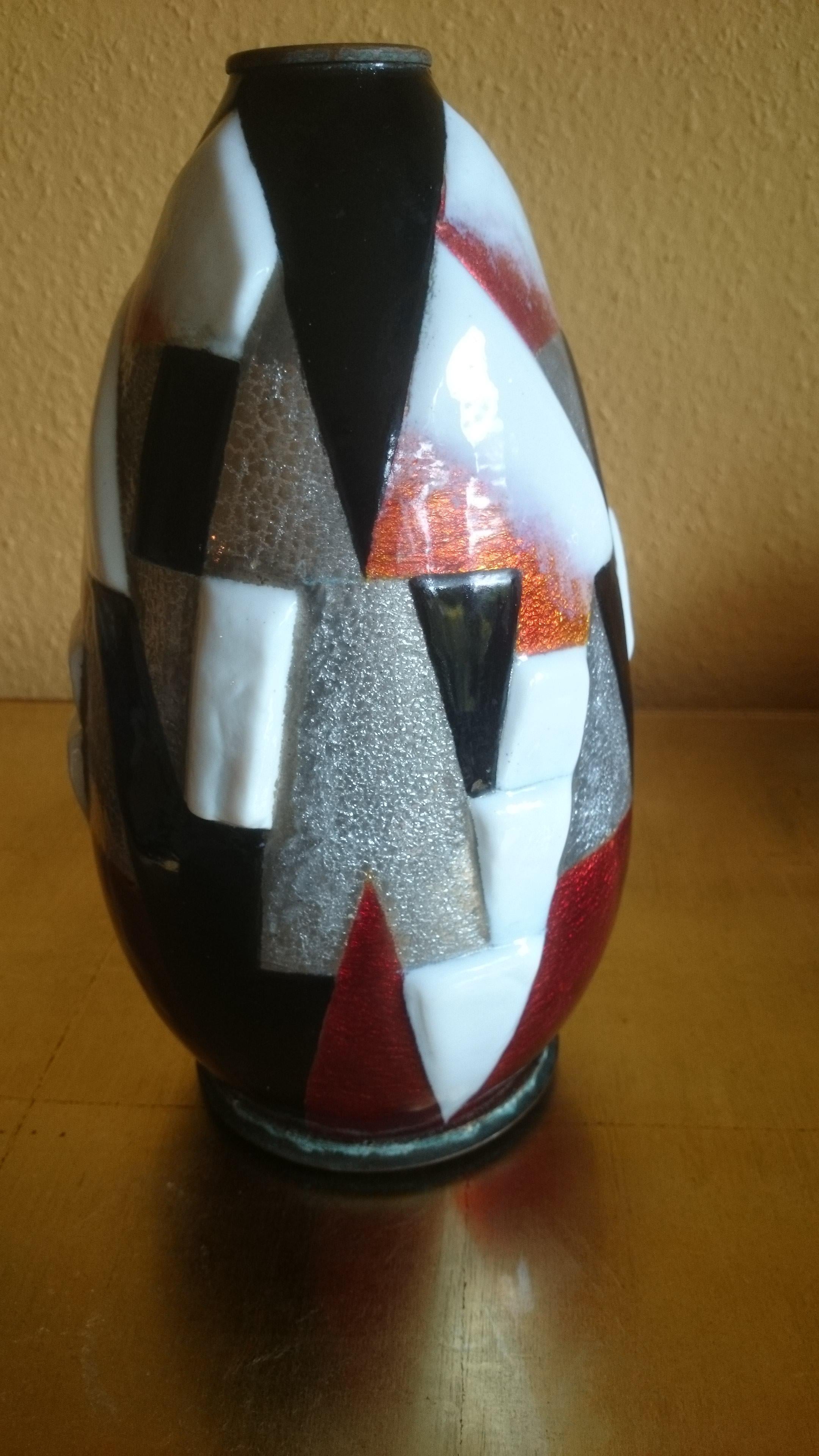 Enameled Egg-Shaped Copper Vase by Camille Fauré, Geometric Design, Signed For Sale 9