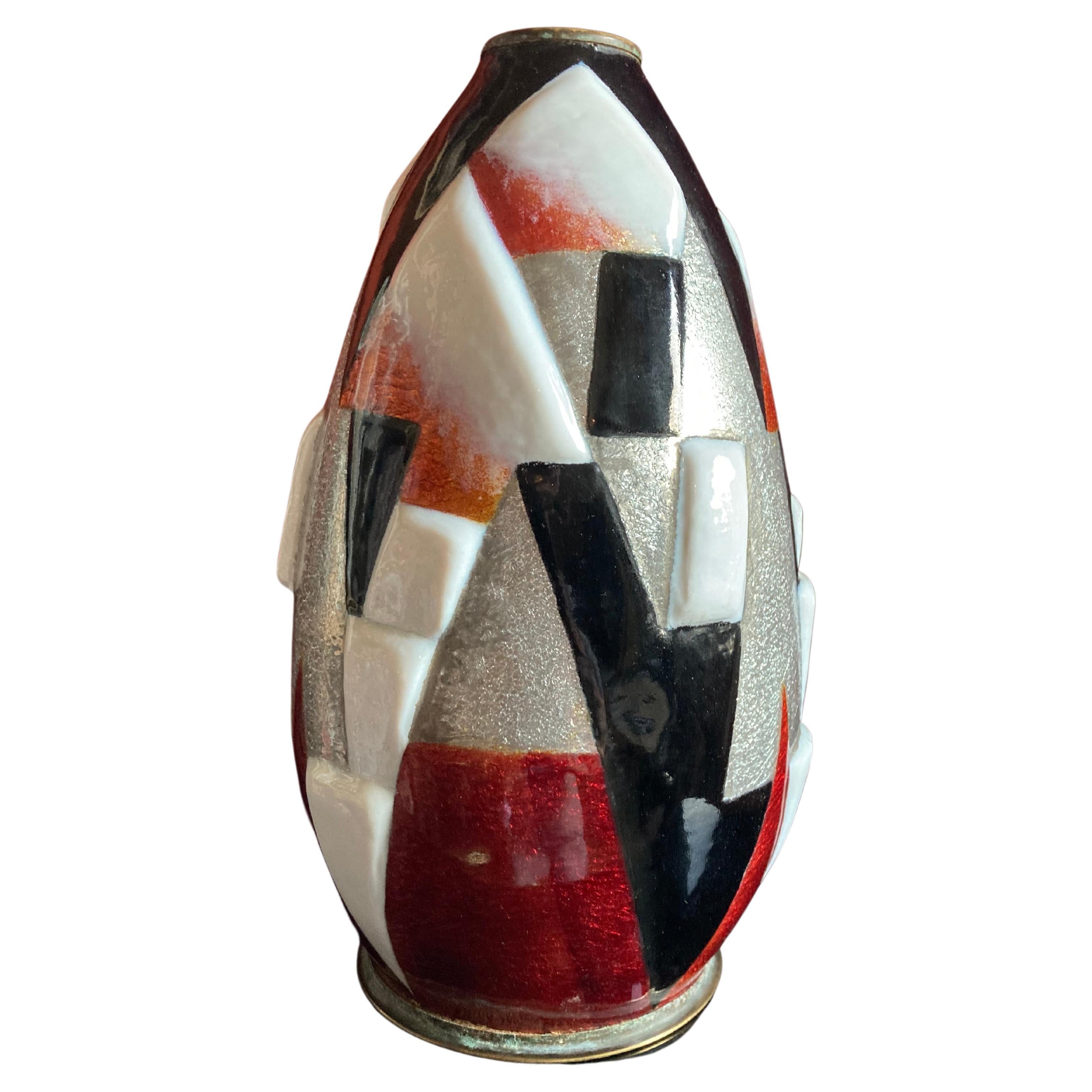 Art Deco Enameled Egg-Shaped Copper Vase by Camille Fauré, Geometric Design, Signed For Sale