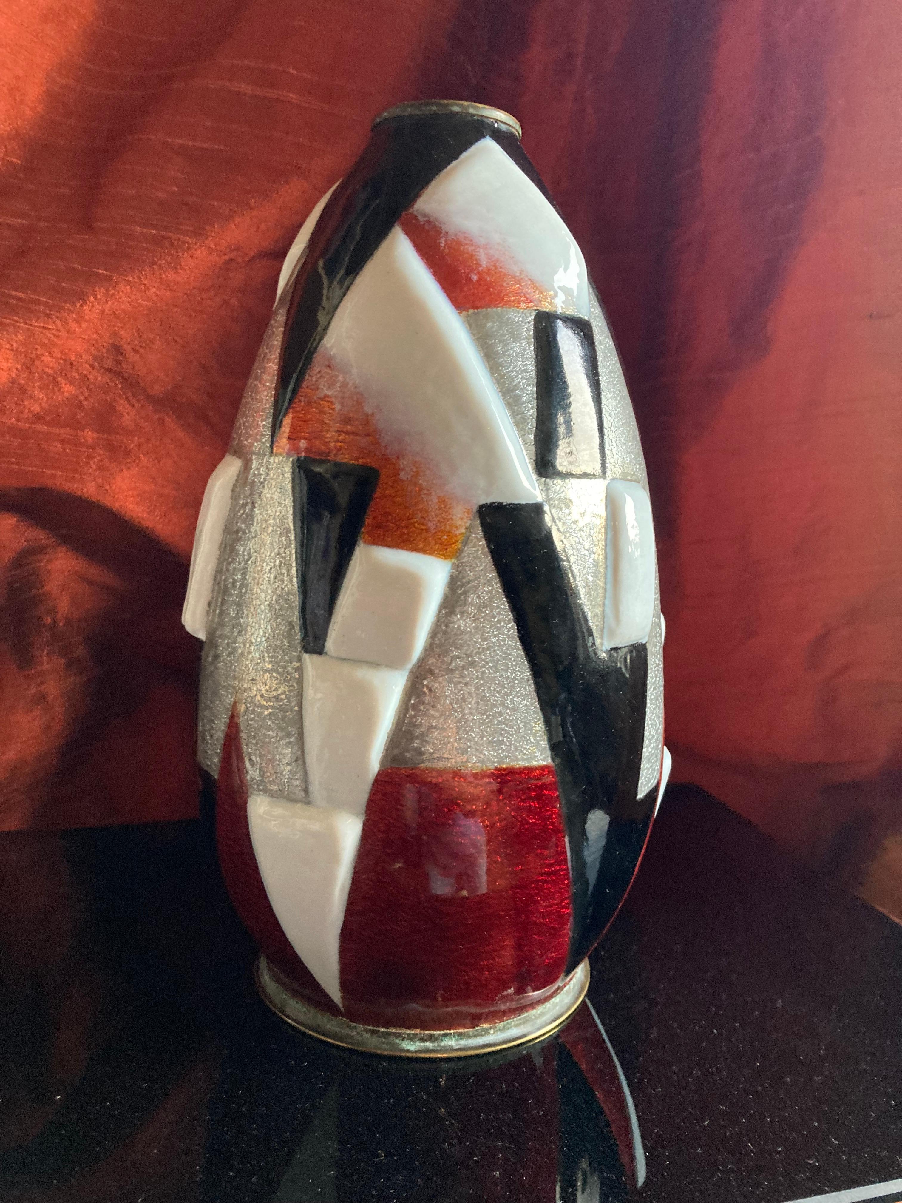 Enameled Egg-Shaped Copper Vase by Camille Fauré, Geometric Design, Signed For Sale 3