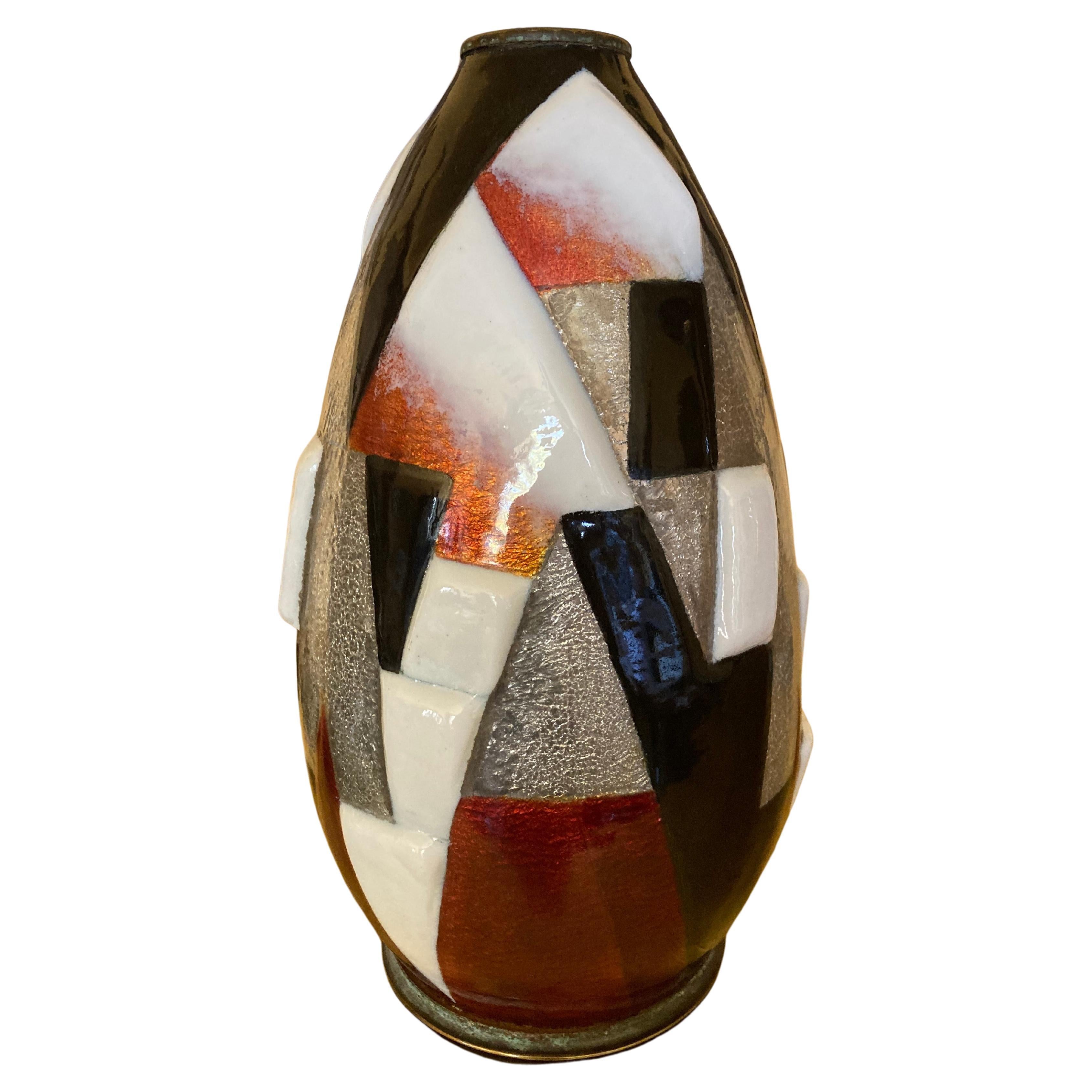 Enameled Egg-Shaped Copper Vase by Camille Fauré, Geometric Design, Signed For Sale