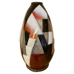 Retro Enameled Egg-Shaped Copper Vase by Camille Fauré, Geometric Design, Signed