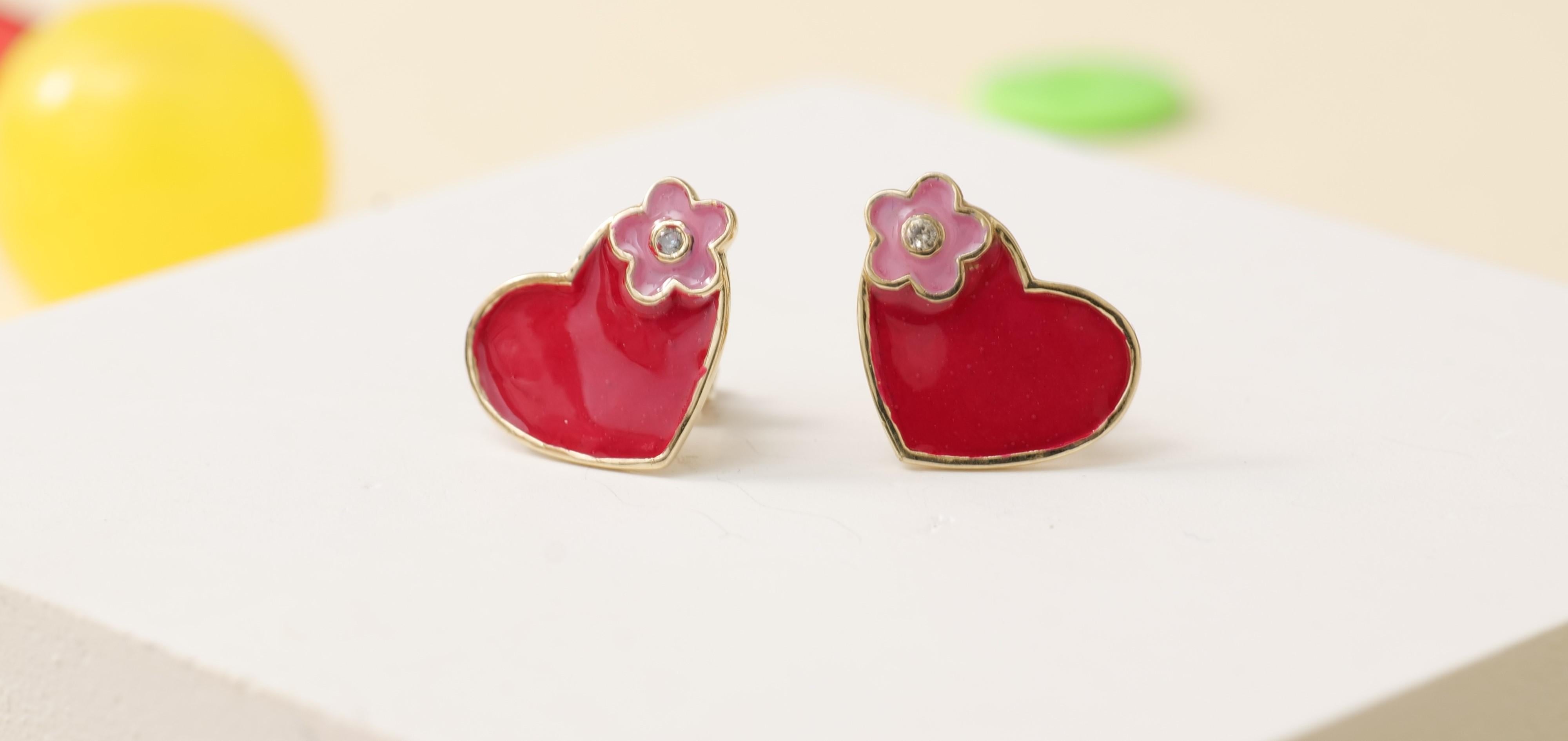 Art Deco Enameled Floral Heart Diamond Earrings for Girls/Kids/Toddlers in 18K Solid Gold For Sale