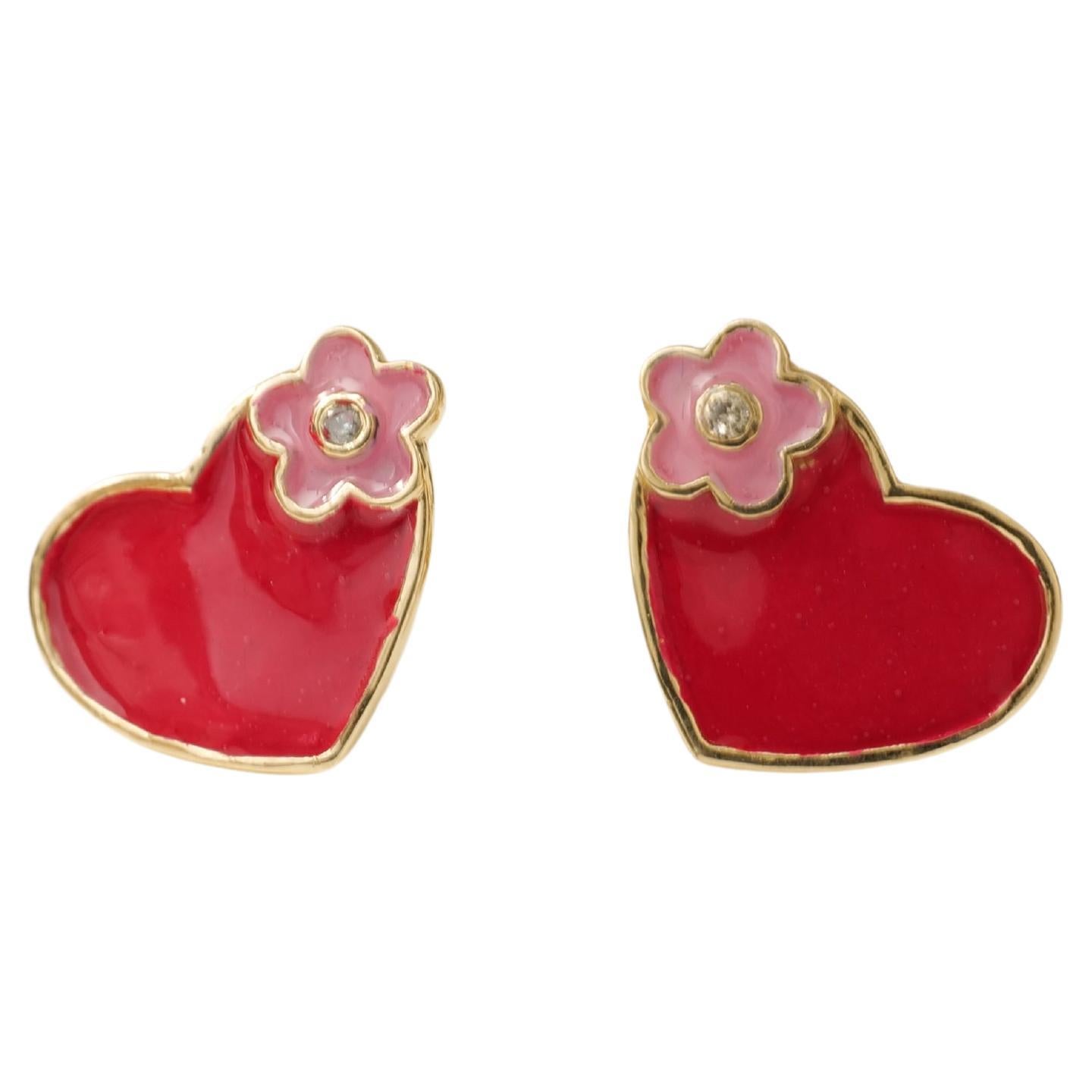 Emaillierte Herz-Diamant-Ohrringe mit Blumenmuster für Mädchen/Kinder/Toddlers aus 18 Karat massivem Gold im Angebot