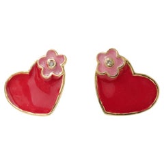 Emaillierte Herz-Diamant-Ohrringe mit Blumenmuster für Mädchen/Kinder/Toddlers aus 18 Karat massivem Gold
