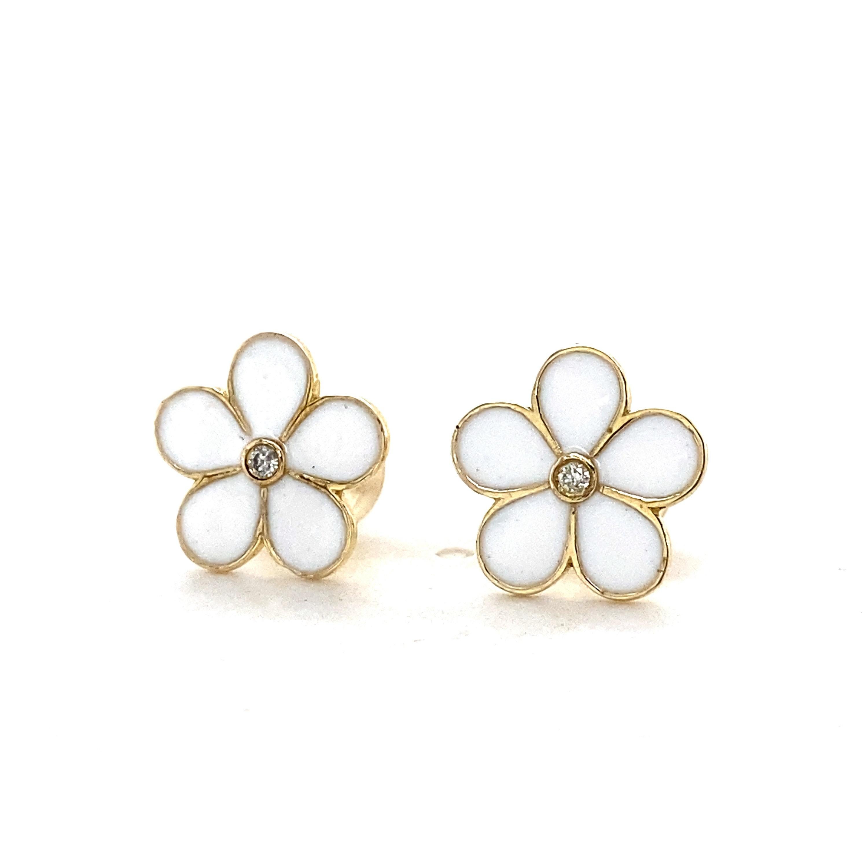 Art déco Boucles d'oreilles enfants en or massif 14k avec fleurs émaillées et diamants (certifié) en vente