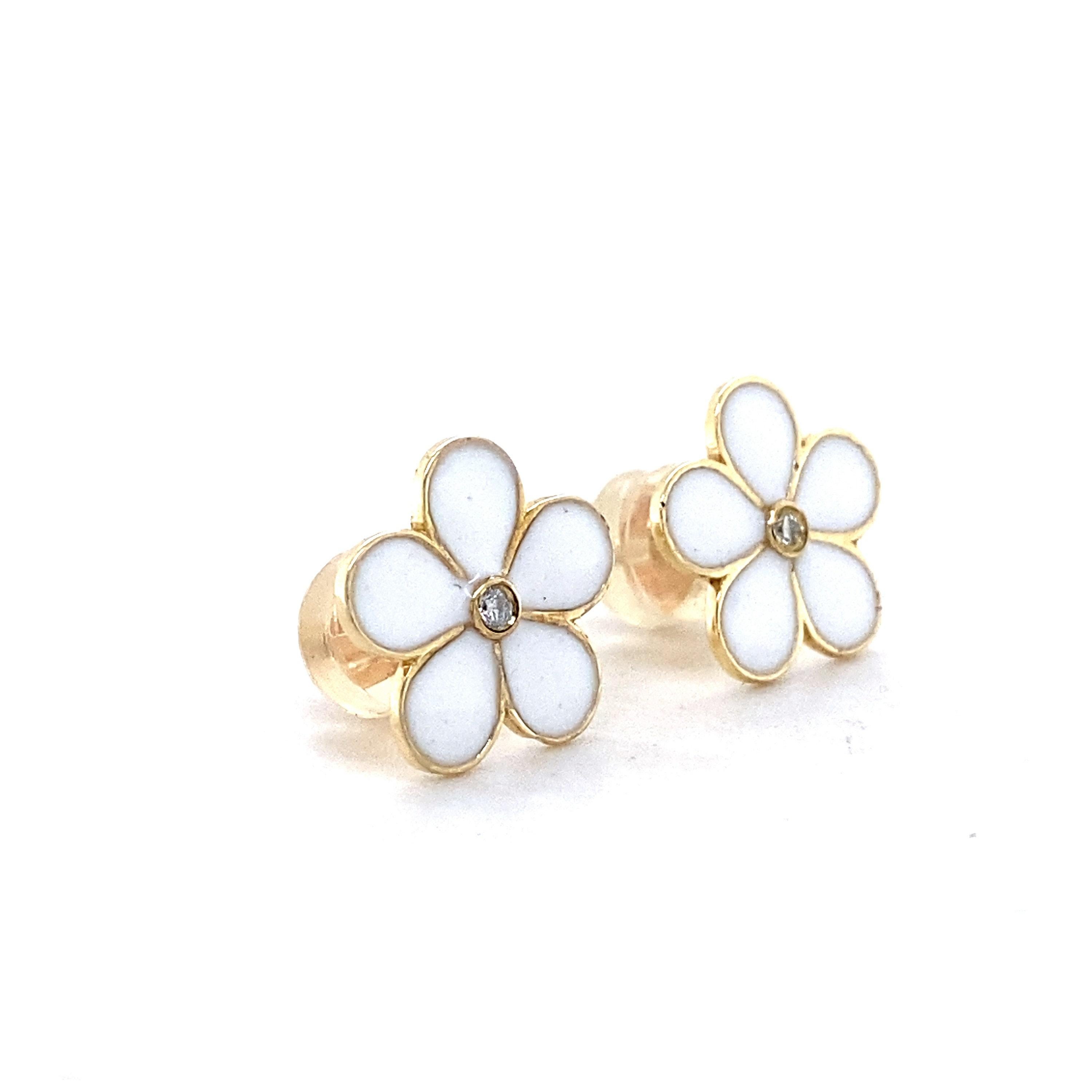 Taille ronde Boucles d'oreilles enfants en or massif 14k avec fleurs émaillées et diamants (certifié) en vente