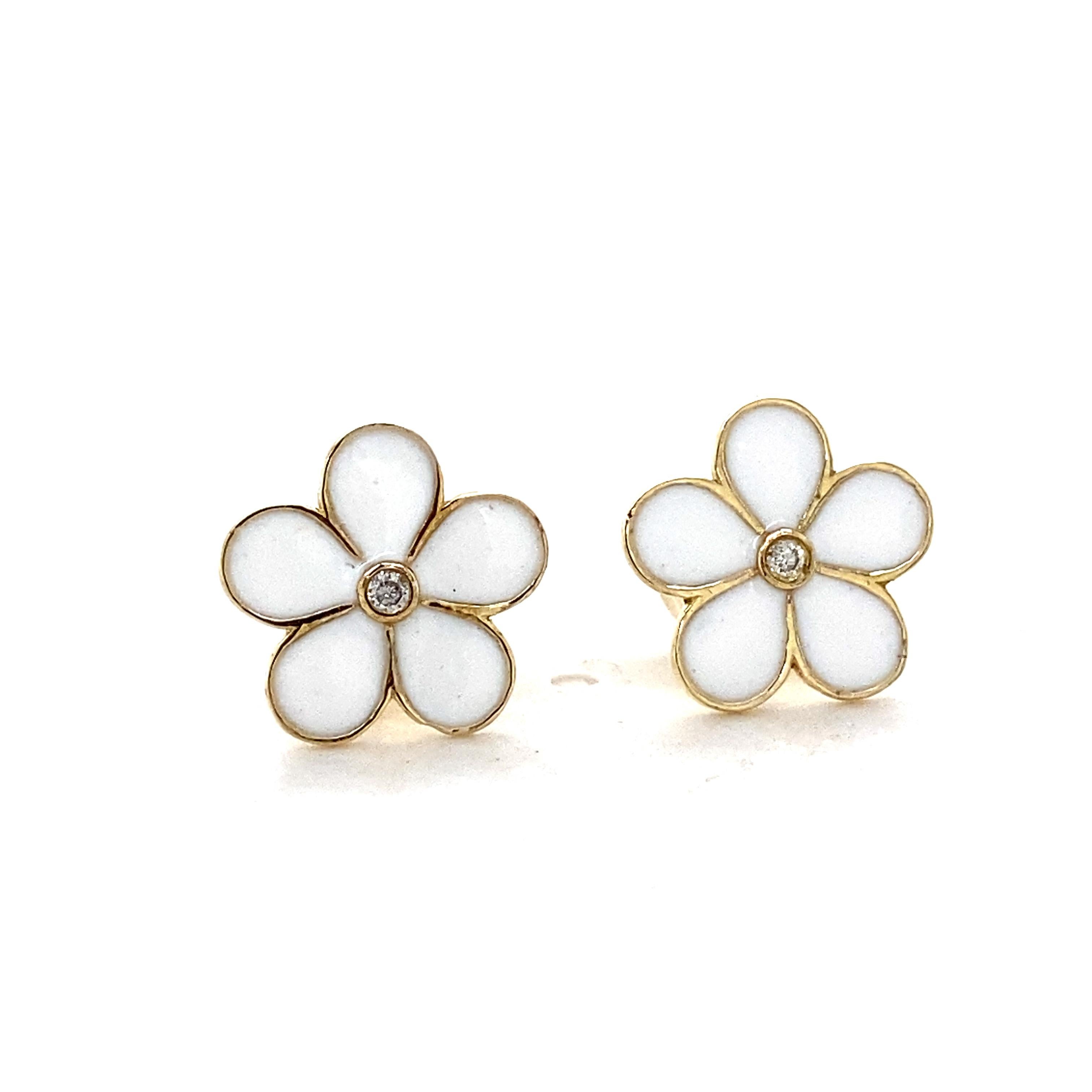 Boucles d'oreilles enfants en or massif 14k avec fleurs émaillées et diamants (certifié) en vente 2