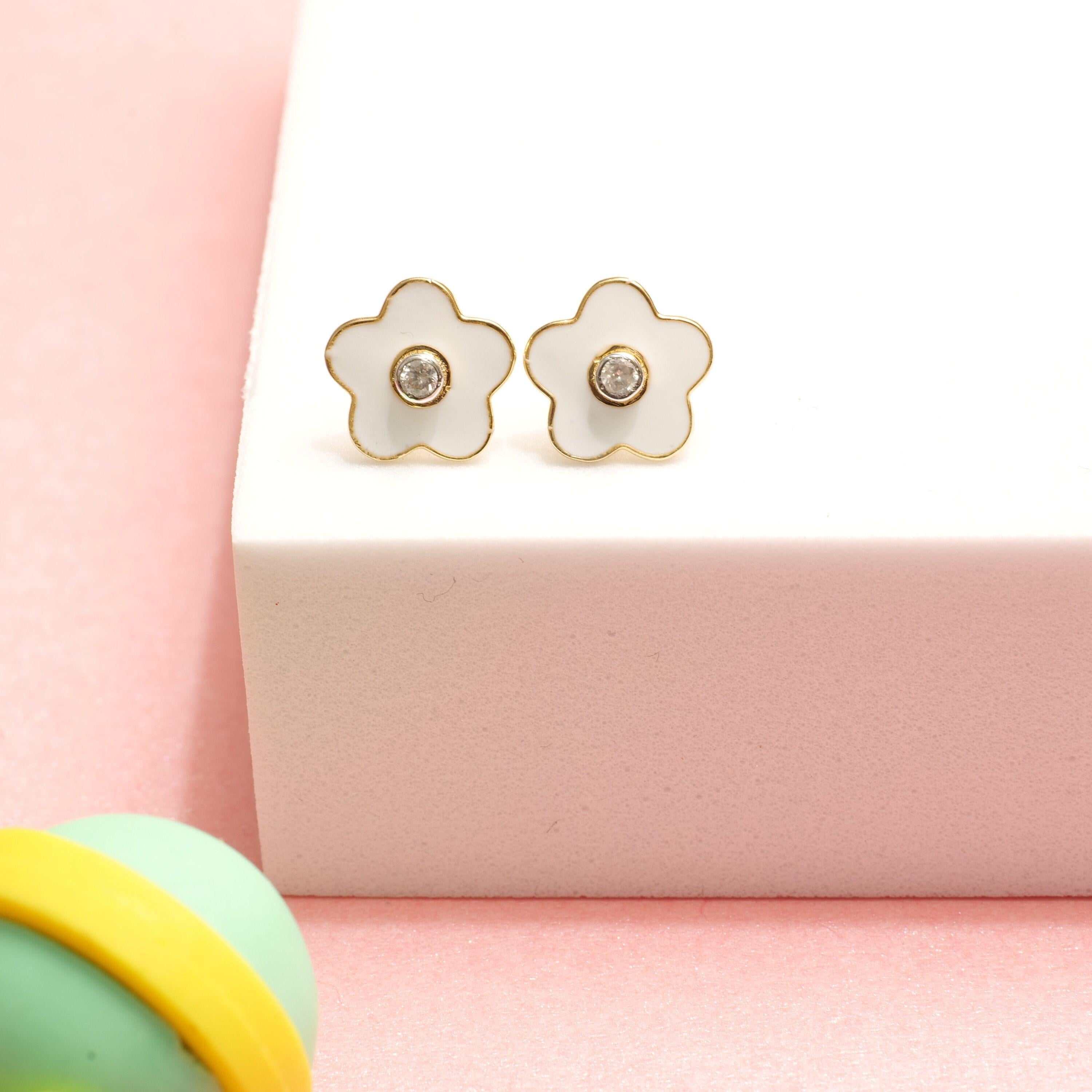 Art Deco Enameled Flower Diamond Stud Earrings in 14K Solid Gold (Certified) For Sale