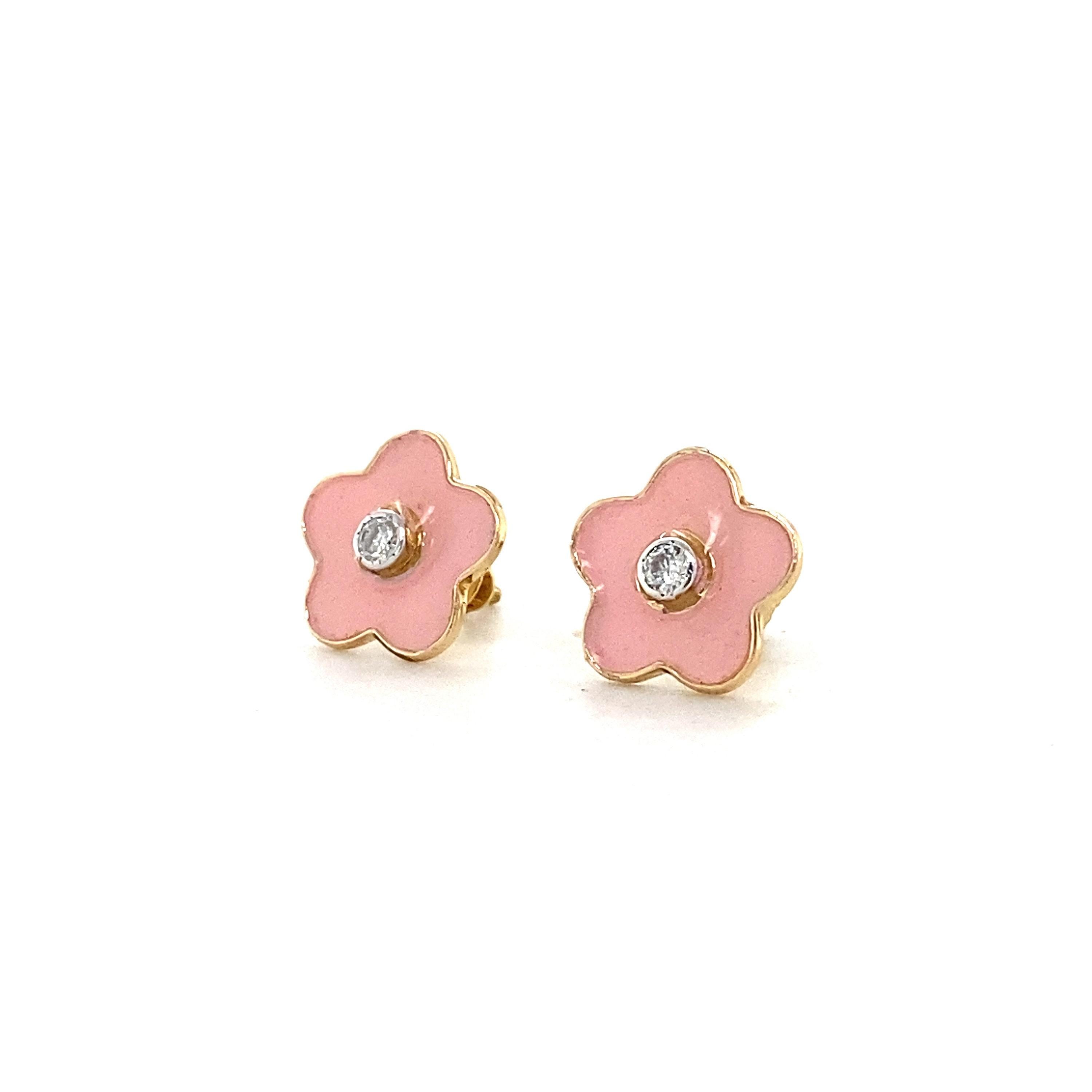 Enameled Flower Diamond Stud Earrings in 14K Solid Gold (Certified) In New Condition For Sale In New Delhi, DL