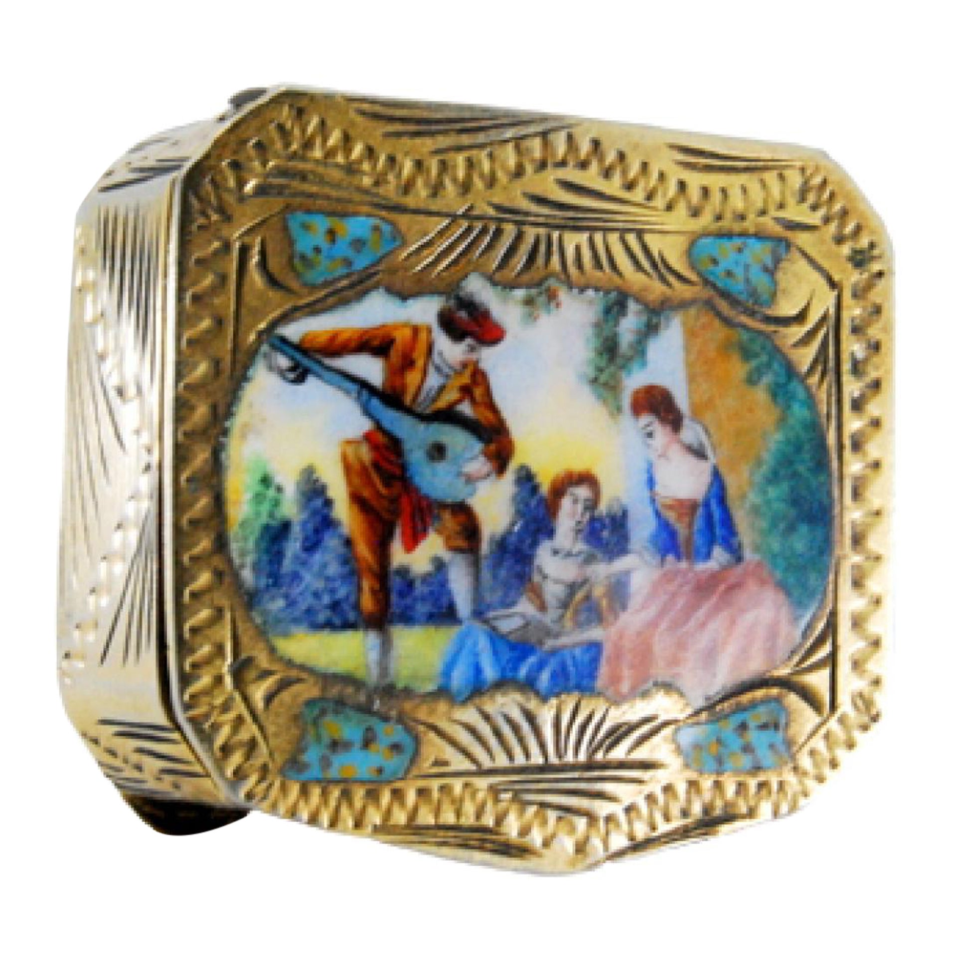 Enameled gilt silver pill box with troubadour in gallant scene on the hinged lid For Sale