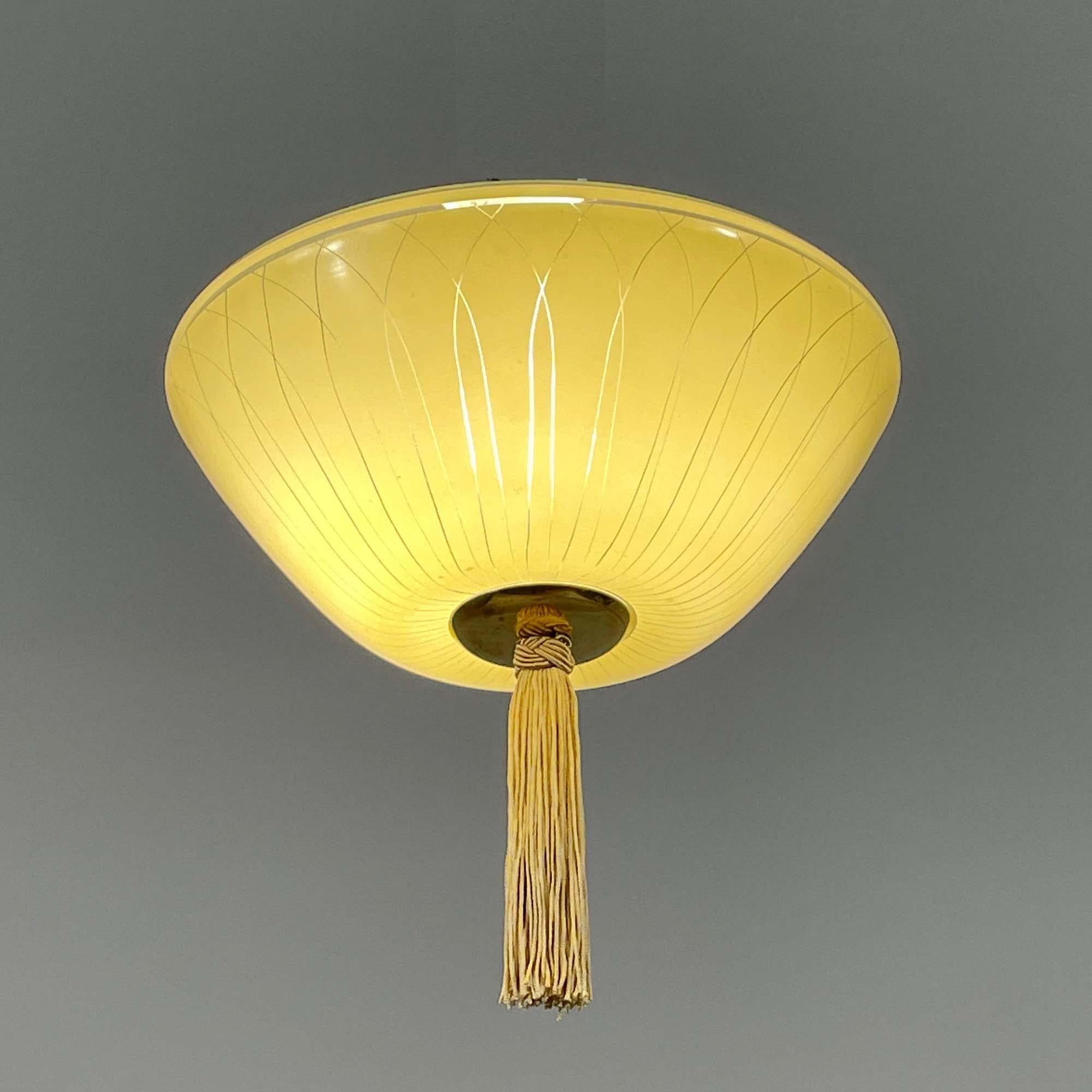 Enameled Glass & Brass Flush Mount with Tassel, Sweden 1950s 4